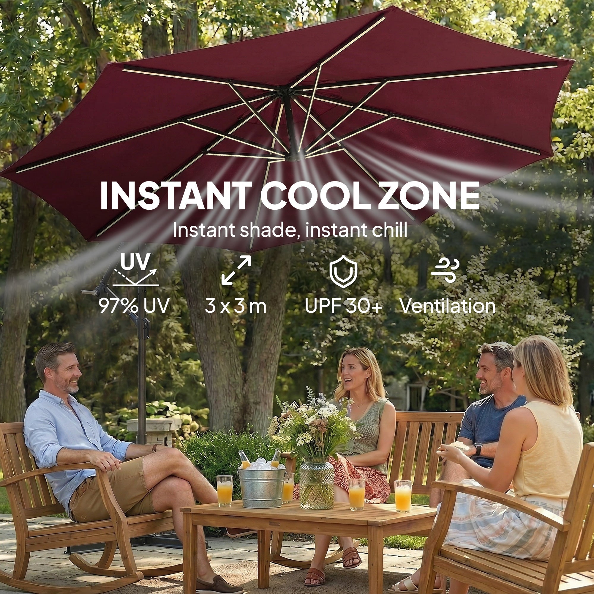 Outsunny 3 m Garden Cantilever Parasol with LED Solar Light, Round Overhanging Umbrella with 360Â° Rotation, Cover, Wine Red