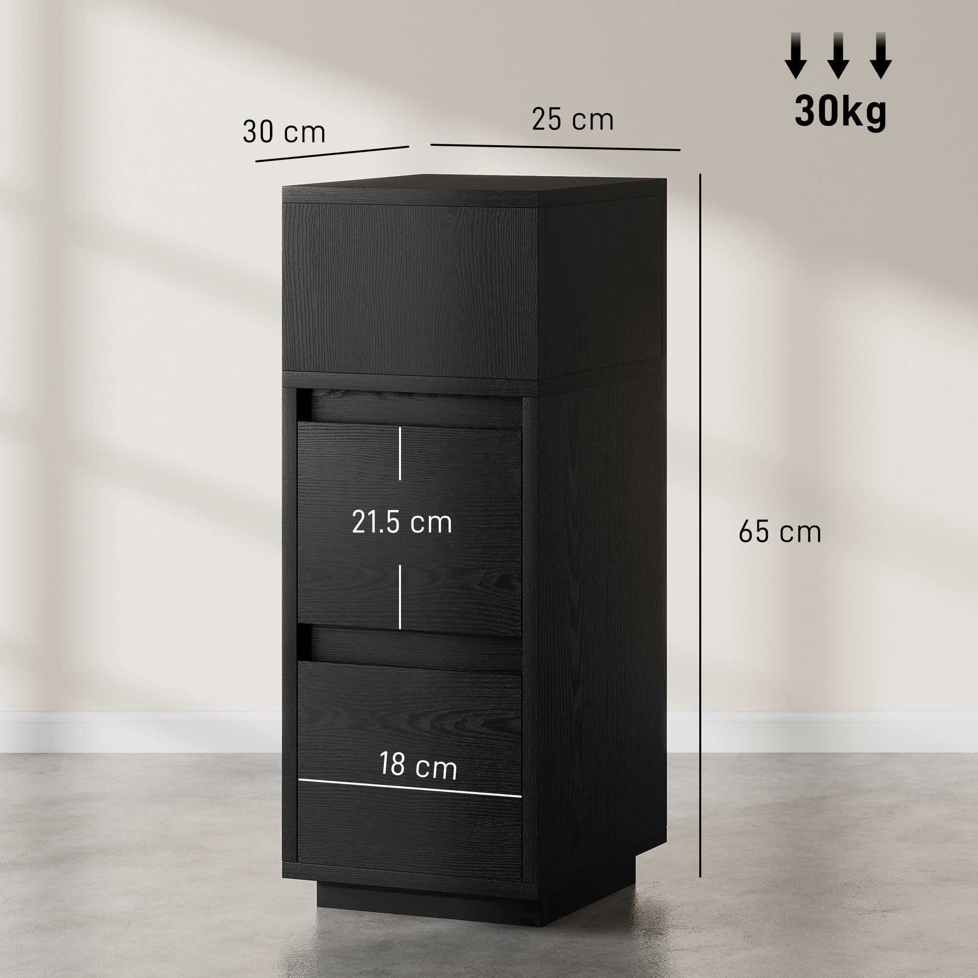 HOMCOM Slim Bedside Table, Narrow Bedside Cabinet with Open Shelf and 2 Drawers for Bedroom, Living Room, Black
