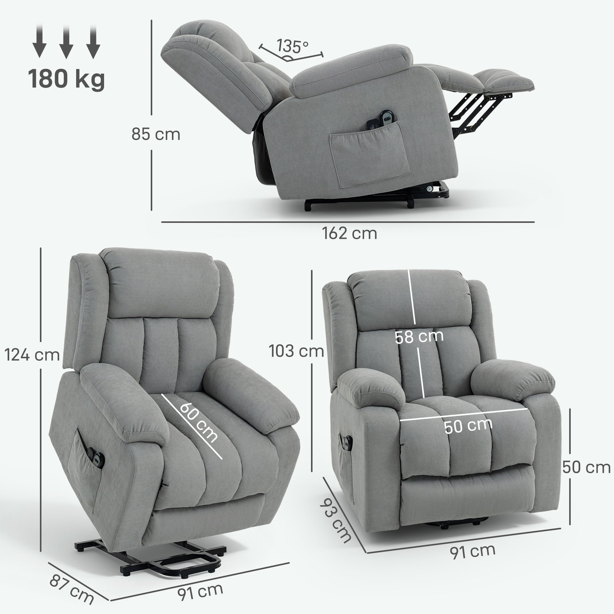 HOMCOM Eight-Point Massage Electric Lift Chair - Light Grey