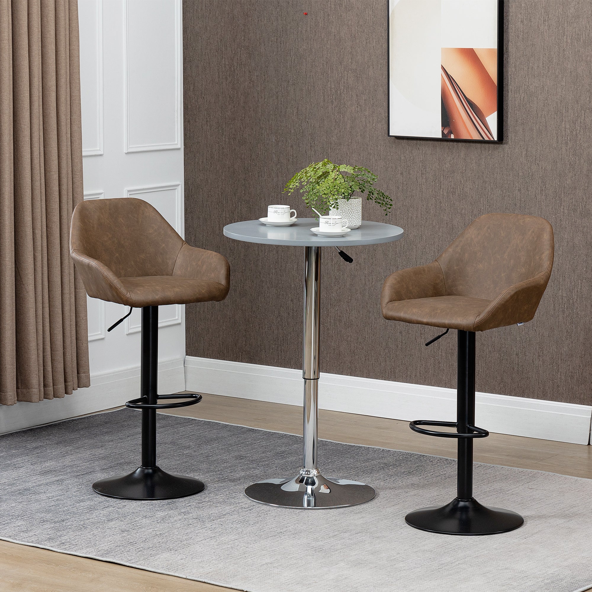 HOMCOM Bar Stools Set of 2, Height Adjustable Swivel Barstools, PU Leather Kitchen Stools with Backs, Armrests and Footrest for Home, Counter and Dining Room, Dark Brown