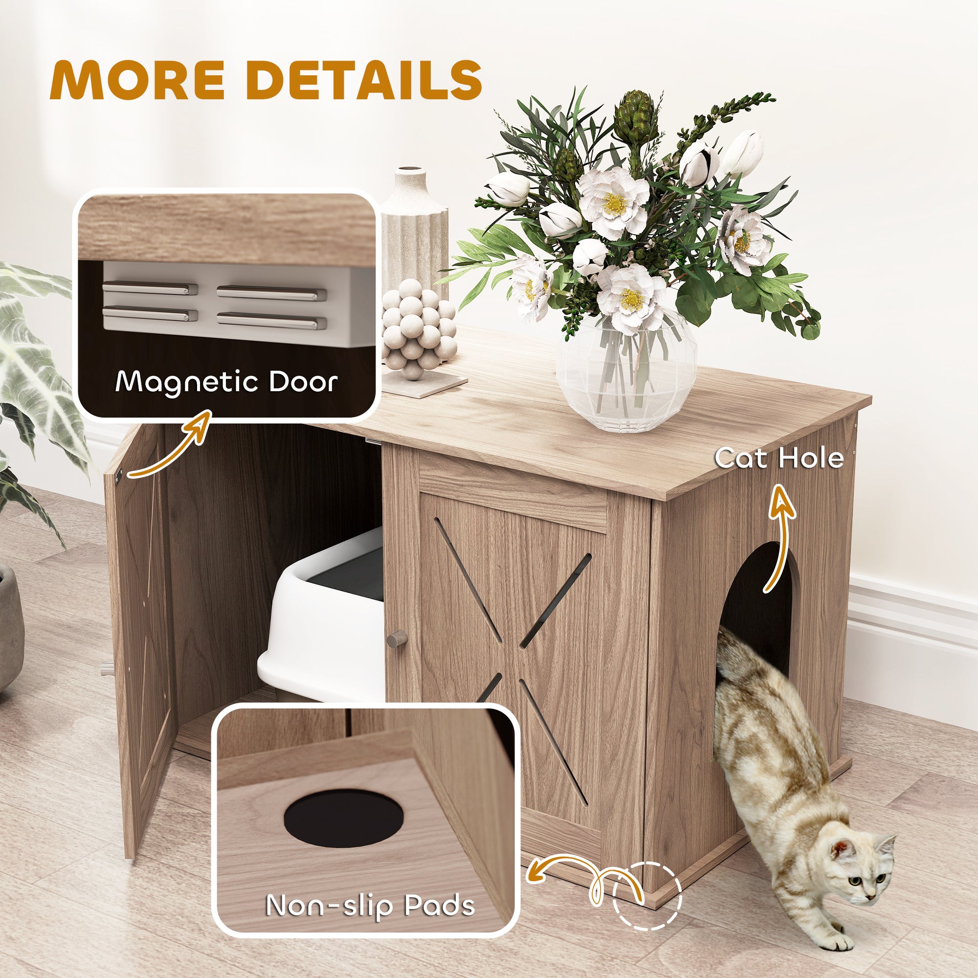 PawHut Cat Litter Box Enclosure with Double Doors and Side Entrance, Non-Slip Pads for Living Room, Walnut Brown