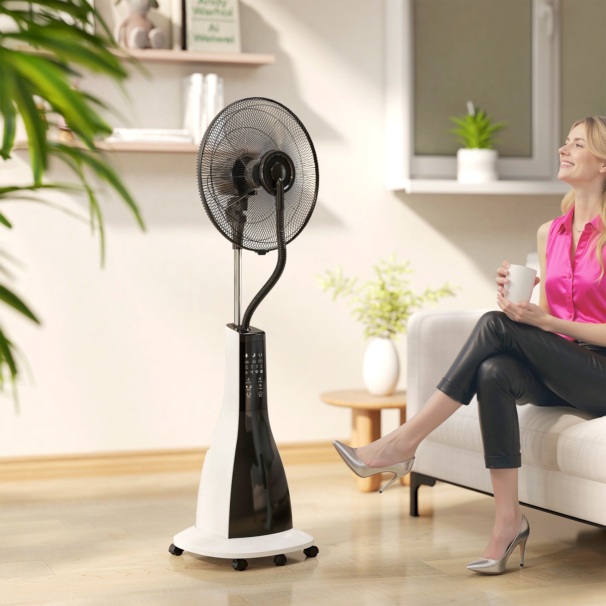 HOMCOM Pedestal Fan with Water Mist Spray, Spray Misting Fan with 75√Ç¬∞ Oscillation, Remote Control, Tilt Head, 3 Speeds, 3 Modes, 3 Mist, 3L Water Tank, Wheels, for Home, 125 cm