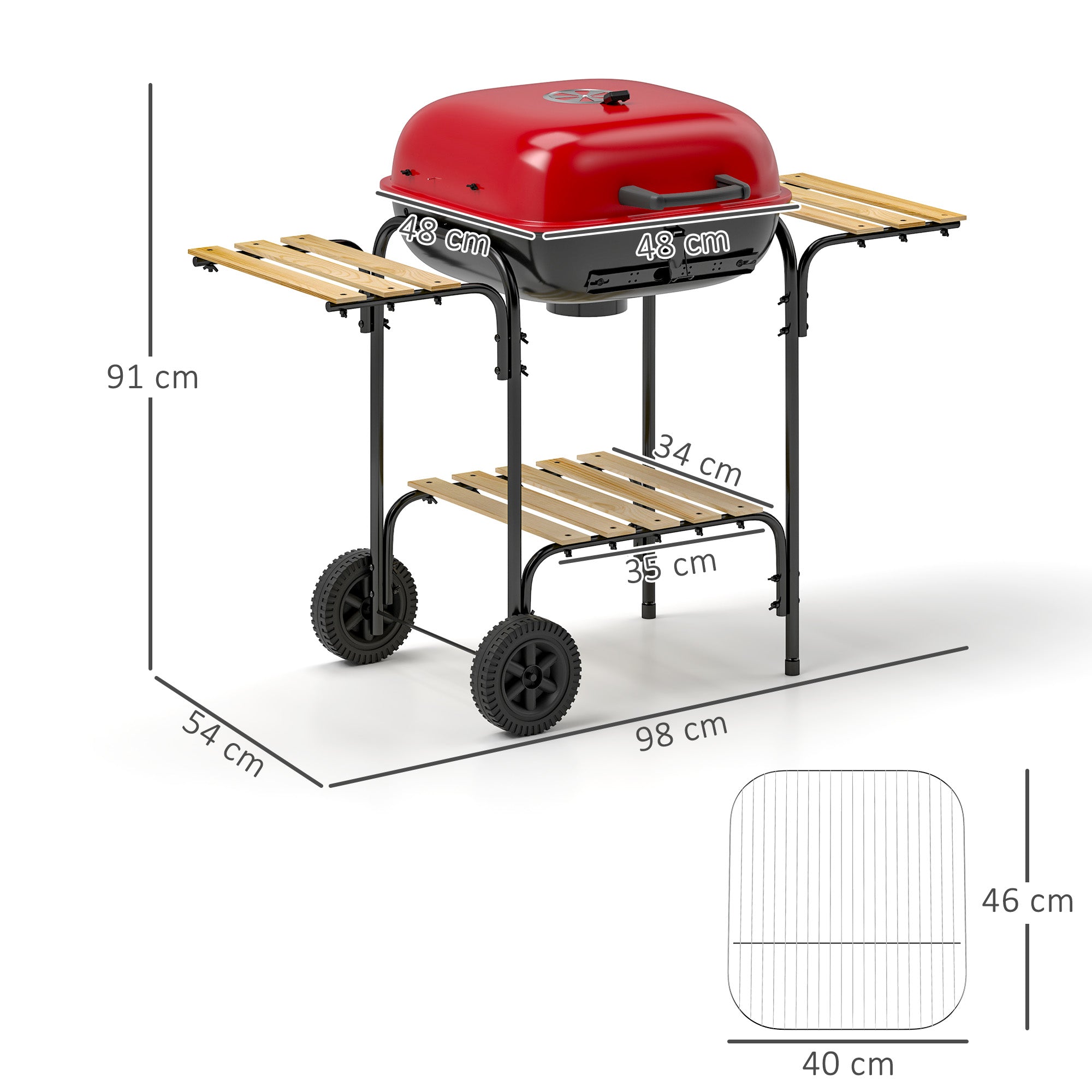 Outsunny Charcoal Barbecue Grill Portable BBQ Grill with 1840 cm√Ç¬≤ Cooking Area, 3 Shelves, Adjustable Vent, Lockable Lid, Wheels for Outdoor Cooking, Garden Party, Red