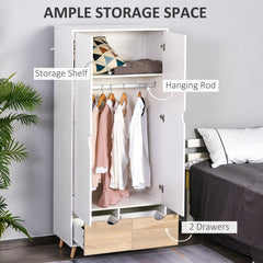 HOMCOM 2-Door Clothes Wardrobe w/ Rail Shelf 2 Drawers Wood Feet Elegant Home Storage Organisation Furniture, White