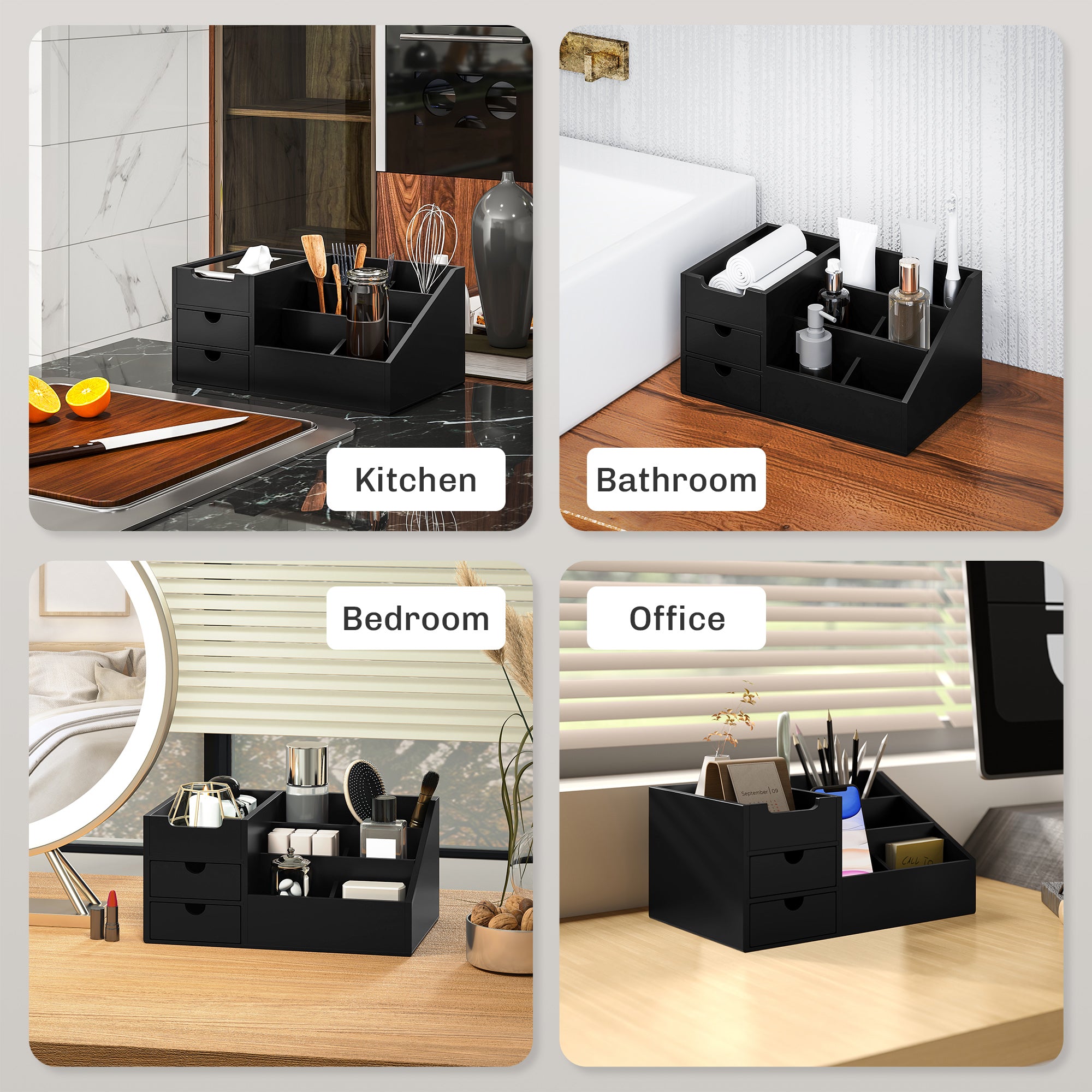 HOMCOM Desk Organiser Holder, Bamboo Multi-Function Storage Caddy with 7 Storage Compartments and 2 Drawers for Home Office Stationary Supplies, Black