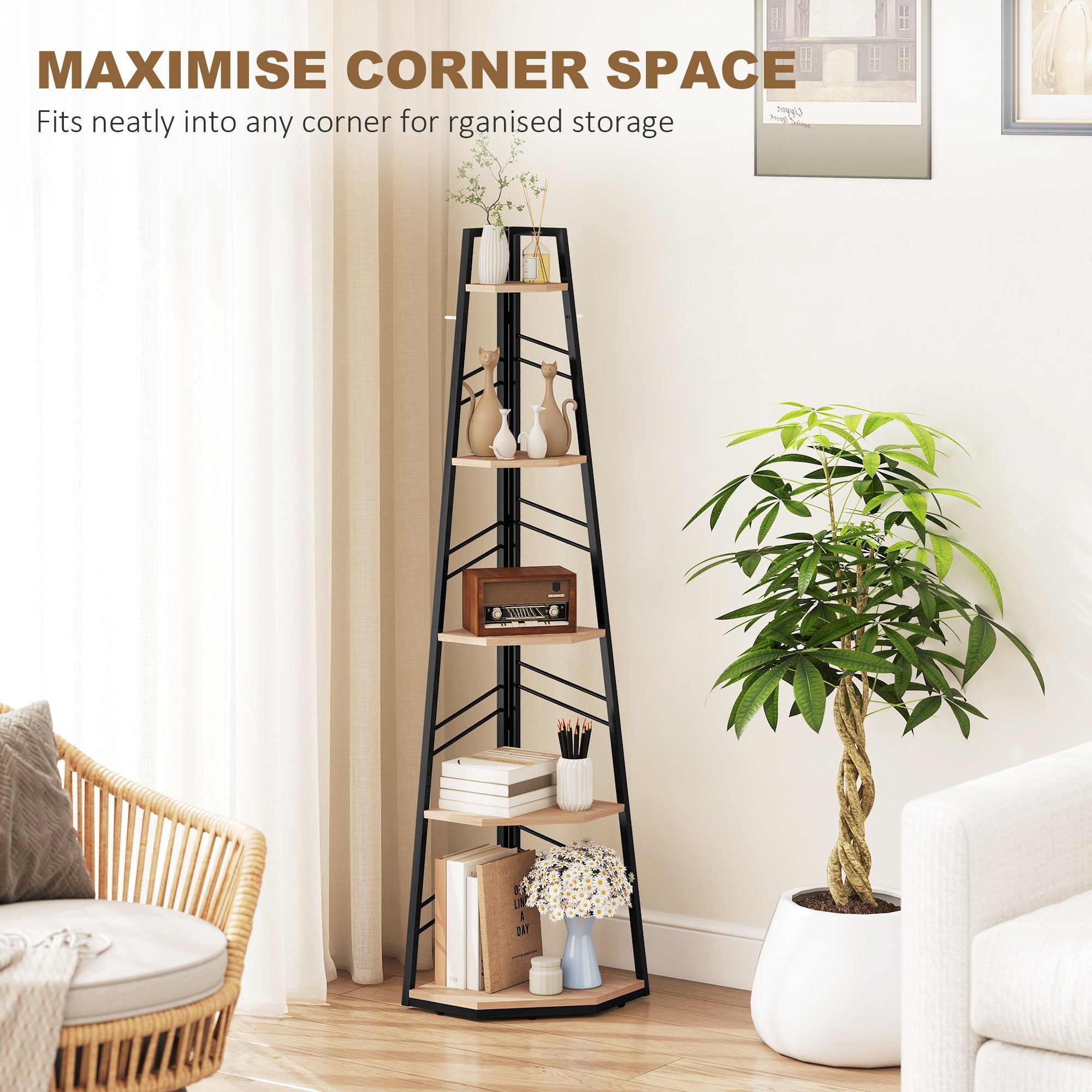 HOMCOM Corner Bookcase, 5-Tier Floor Standing Bookshelf, Shelving Unit for Living Room, Study, Bedroom, Natural Wood Finish