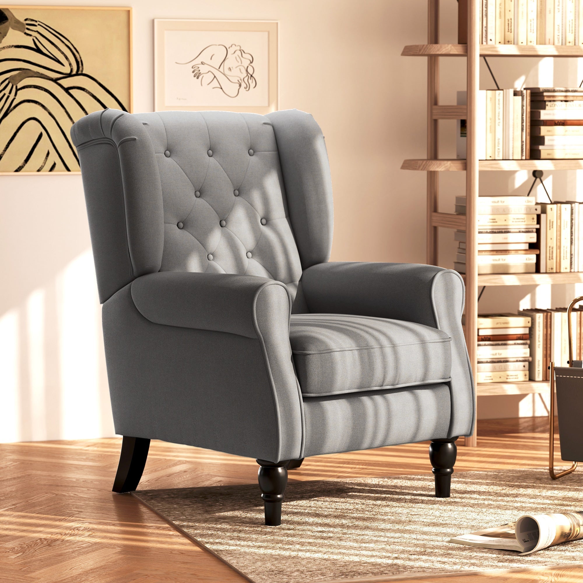 HOMCOM Retro Accent Chair, Linen Wingback Armchair with Wood Frame Button Tufted Design for Living Room Bedroom, Dark Grey