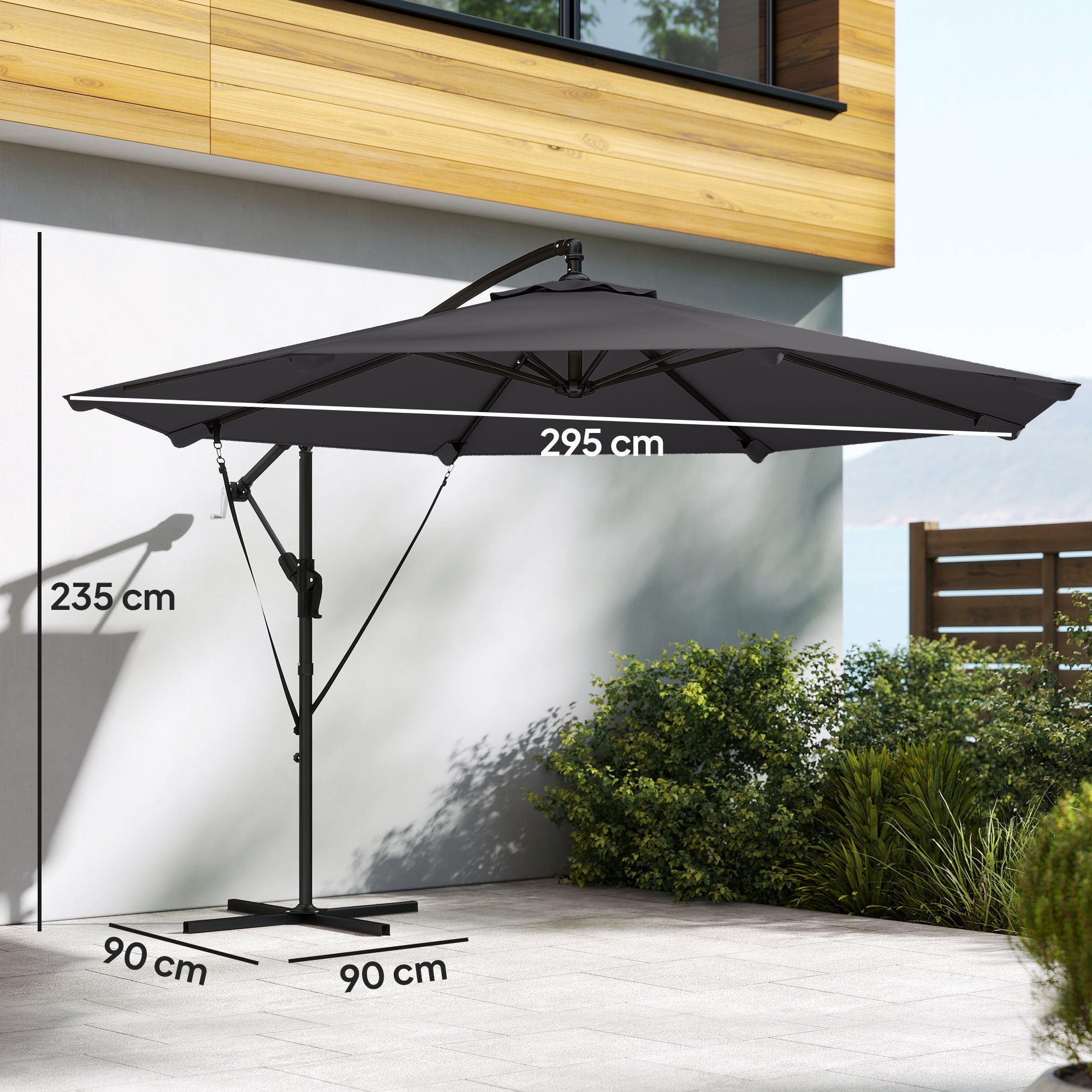 Outsunny 3 m Cantilever Parasol with Protective Cover and Wind Ropes, Banana Parasol with Crank Handle, Black