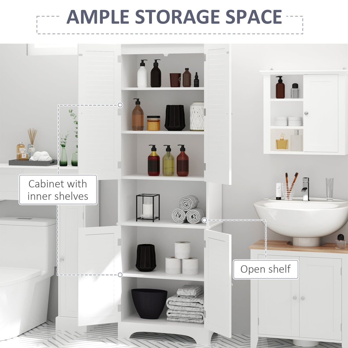 HOMCOM Tall Freestanding Bathroom Cabinet Retro Shutters w/ 3 Compartments Shelves Elevated Base Narrow Organiser White 60L x 30W x 182.5H cm