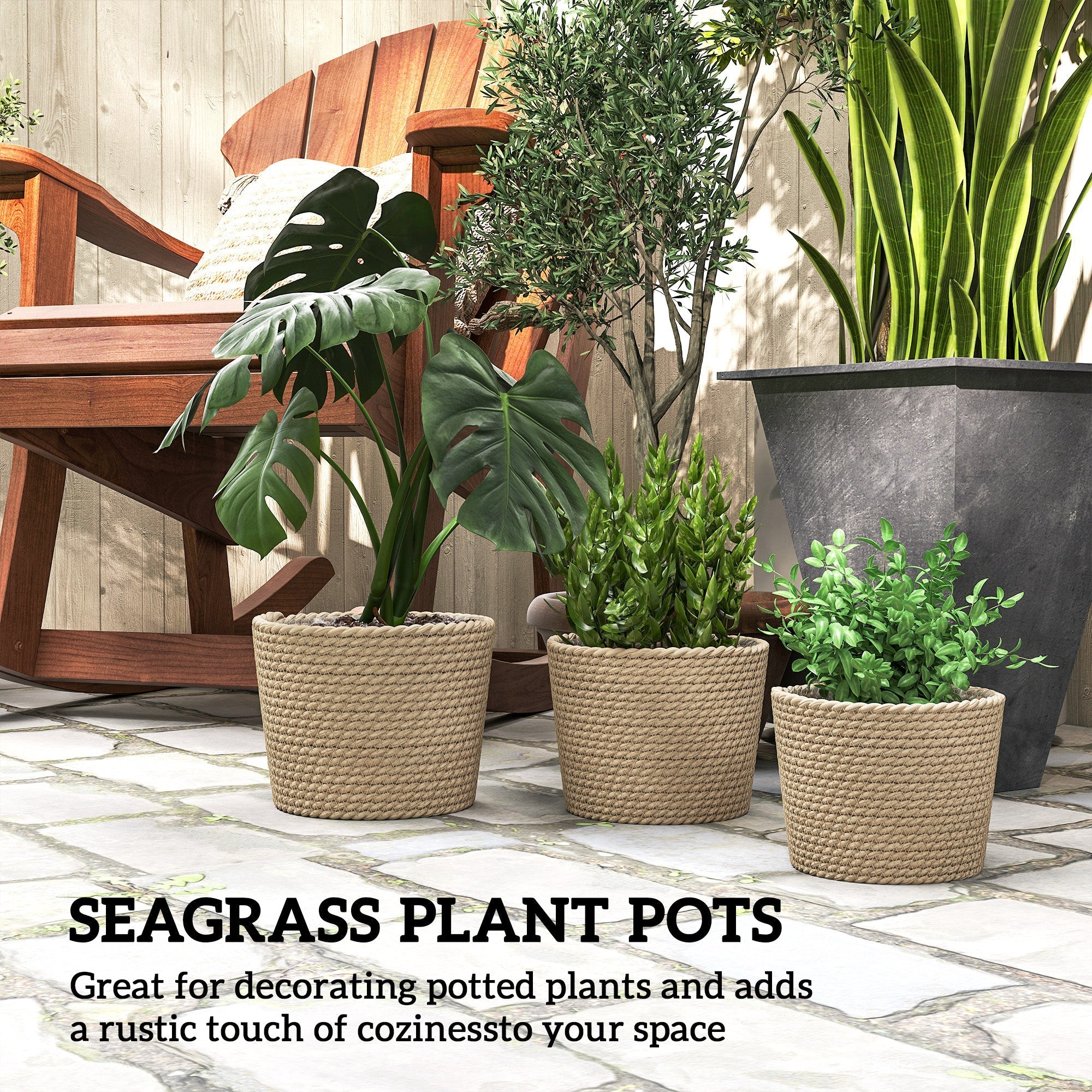 Outsunny Seagrass Planters Set of 3 Plant Pots for Indoor Outdoor Patio Balcony Natural