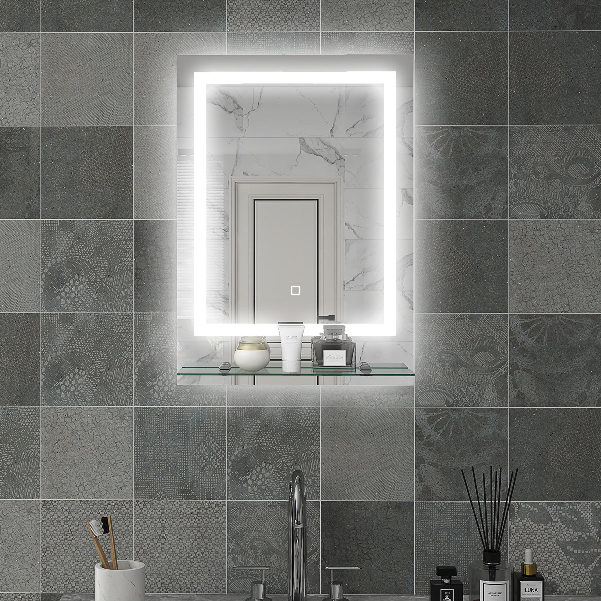 kleankin Large Vanity Mirror with Lights and Shelf, Illuminated bathroom Mirror with 3 Colour Brightness, Smart Touch, Anti-Fog