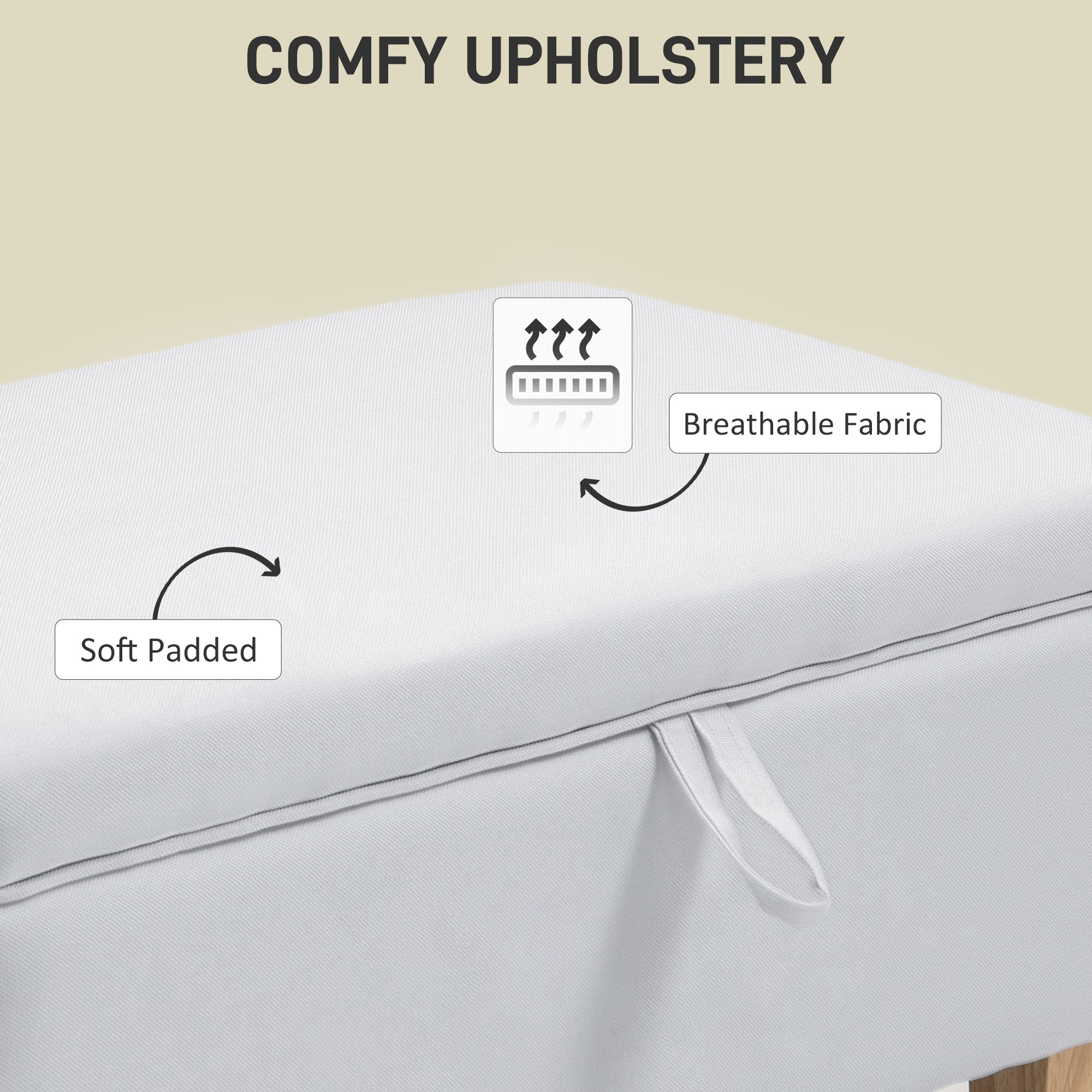 HOMCOM 30L Linen Storage Ottoman Padded Footstool with Rubberwood Legs for Storage Box, Bed End, Shoe Bench, Seating, Cream White