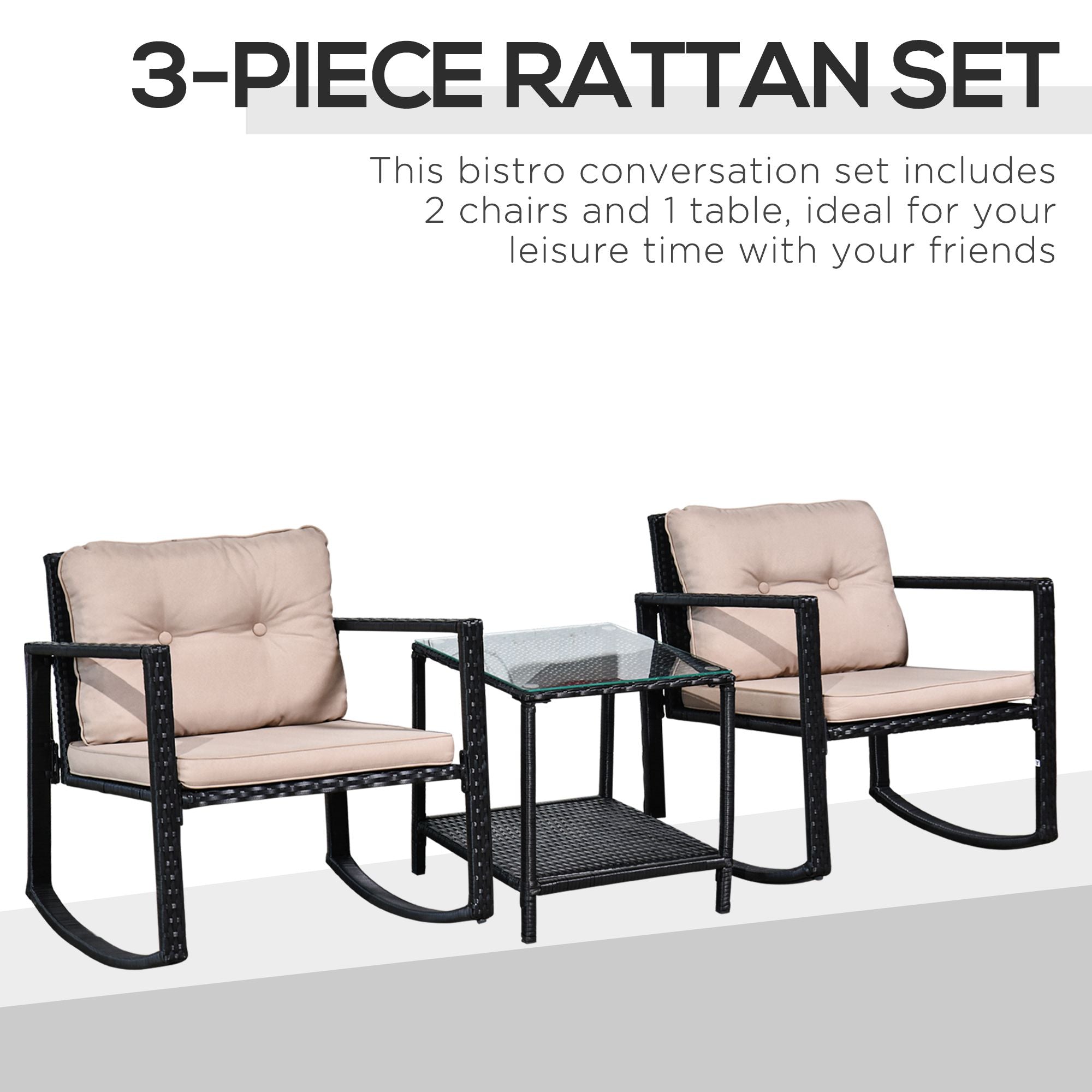 Outsunny 3 Pieces Rattan Garden Rocking Chair Set, Outdoor Rocking Bistro Set w/ 2 Cushioned Armchair and Glass Top Two-tier Coffee Table, Black
