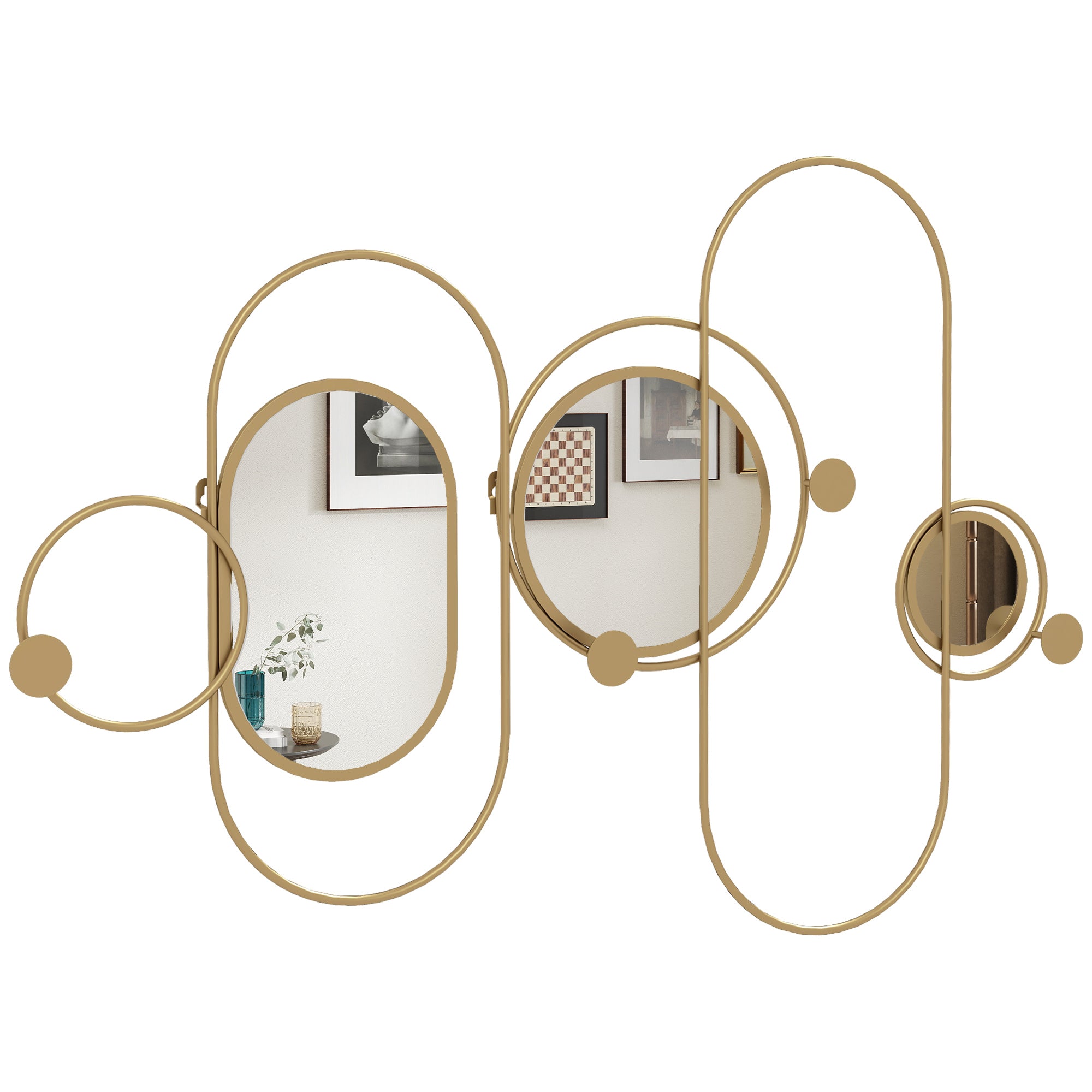 HOMCOM Metal Wall Mirror Decor with Coat Hooks, Modern Decorative Wall Art for Living Room Bedroom, Gold Tone
