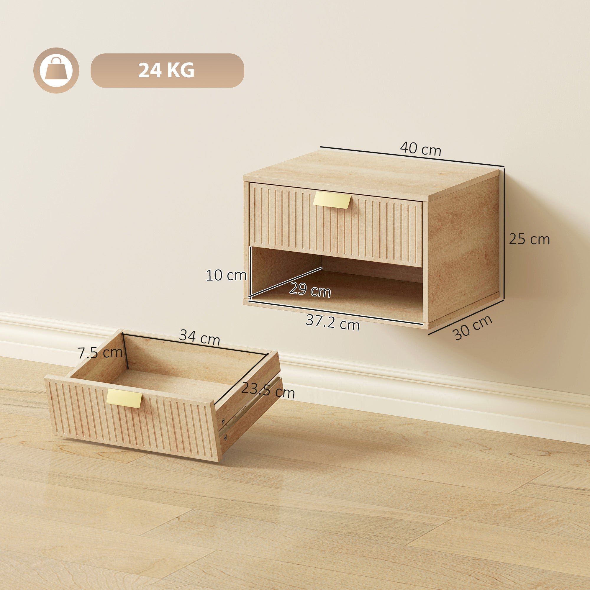 HOMCOM Set of 2 Wall Mounted Nightstands, Floating Bedside Tables with Fluted Drawer and Open Shelf for Small Bedroom, Oak