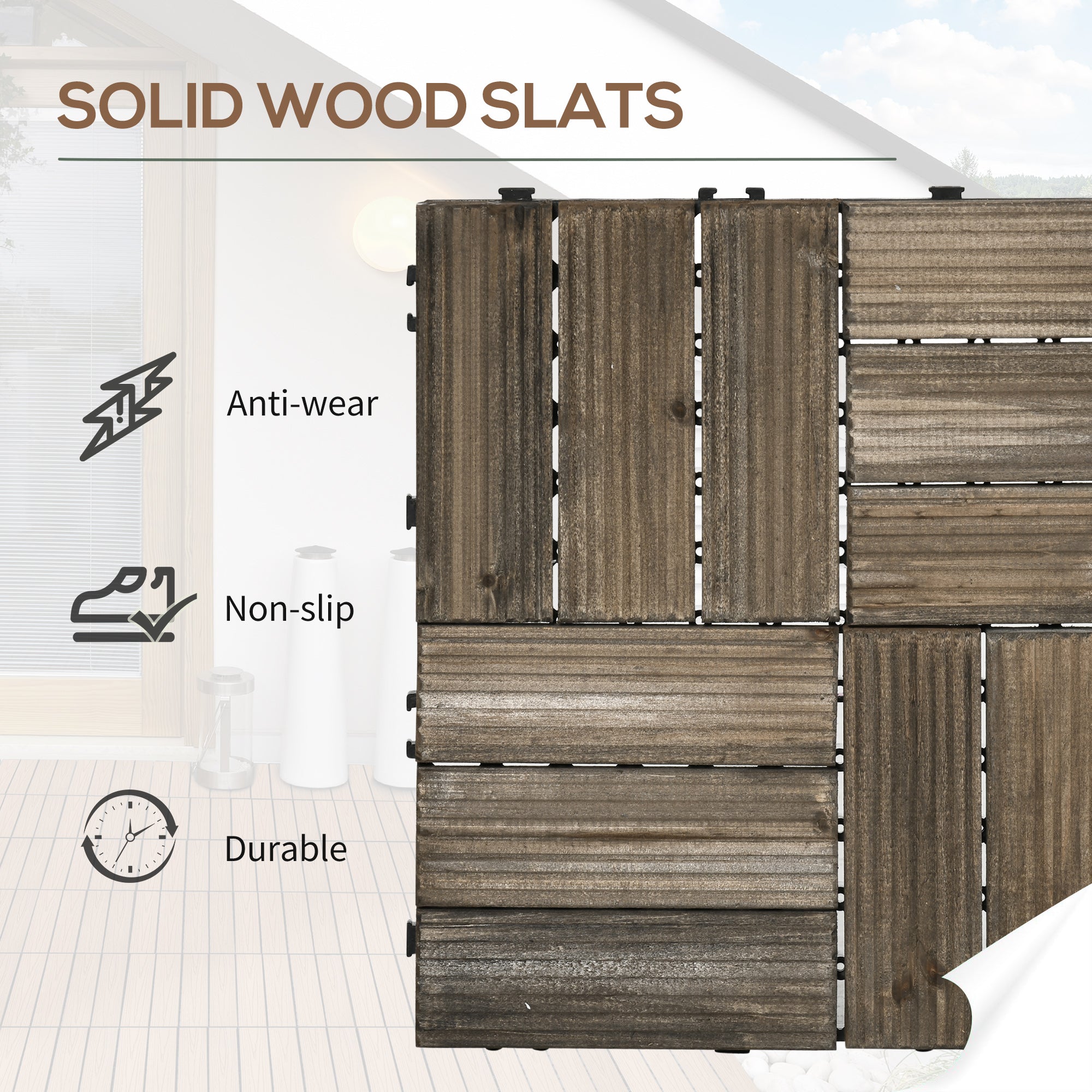 Outsunny 27 Pcs Wooden Interlocking Decking Tiles, Outdoor Flooring Tiles for Patio, Balcony, Terrace, Hot Tub, 30 x 30 cm per Piece, 2.5√£≈Ω¬° per Pack, Charcoal Grey