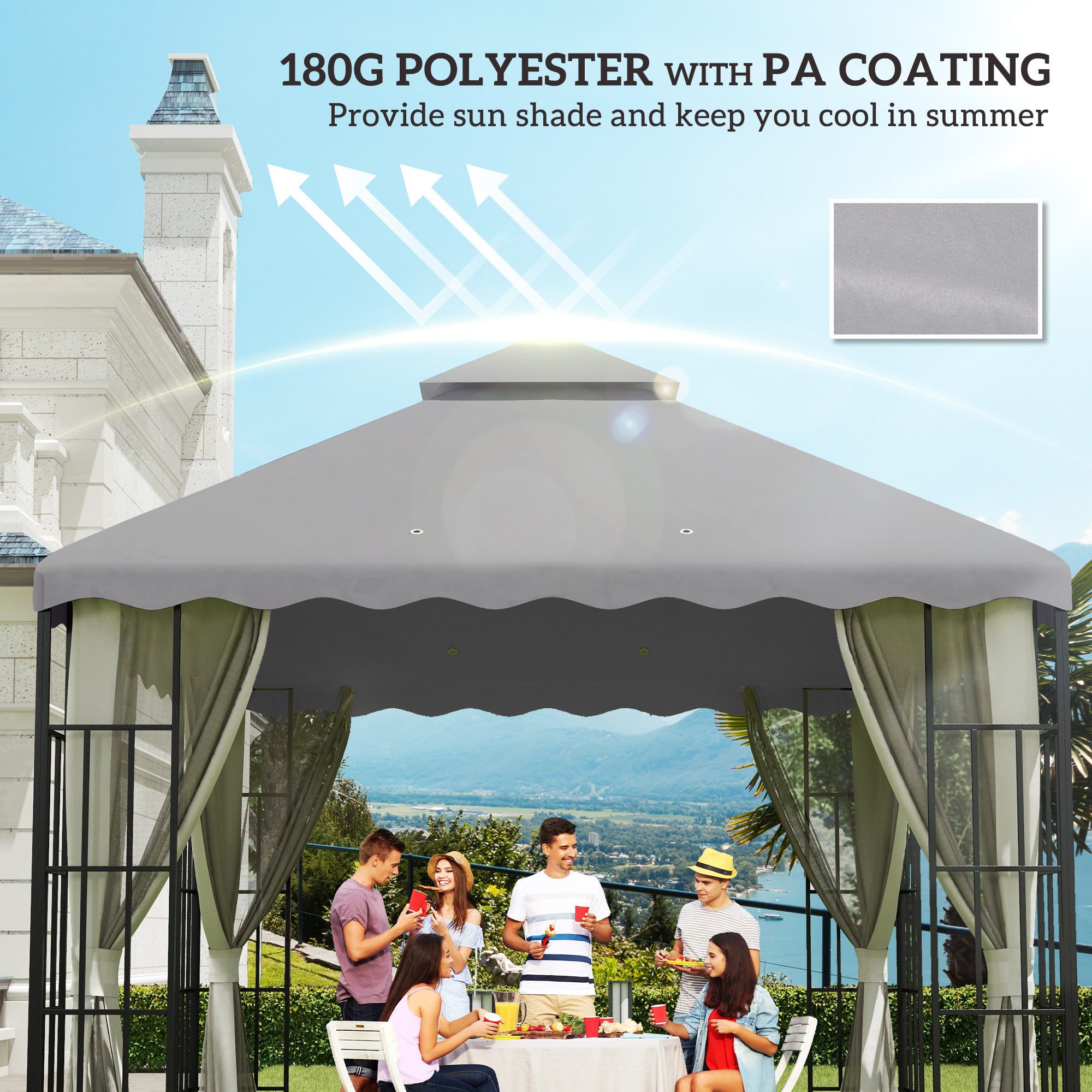Outsunny 3 x 3 m Gazebo Canopy Replacement Covers, 2 - Tier Gazebo Roof Replacement TOP COVER ONLY, Light Grey