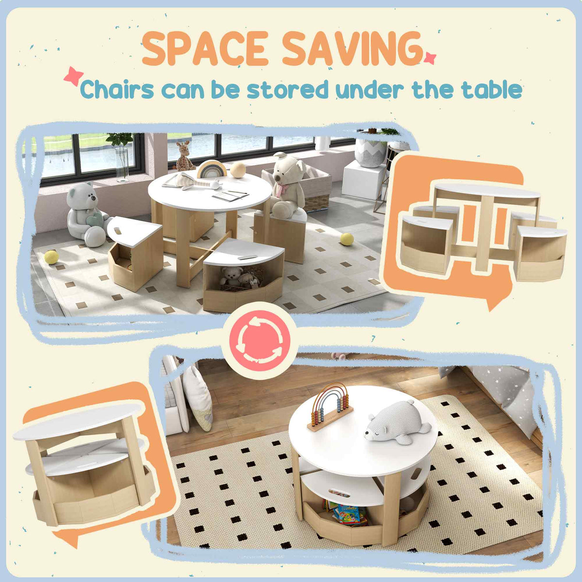 AIYAPLAY Five-Piece Kids Table and Chairs Set with Storage, for Ages 3-8 Years, White