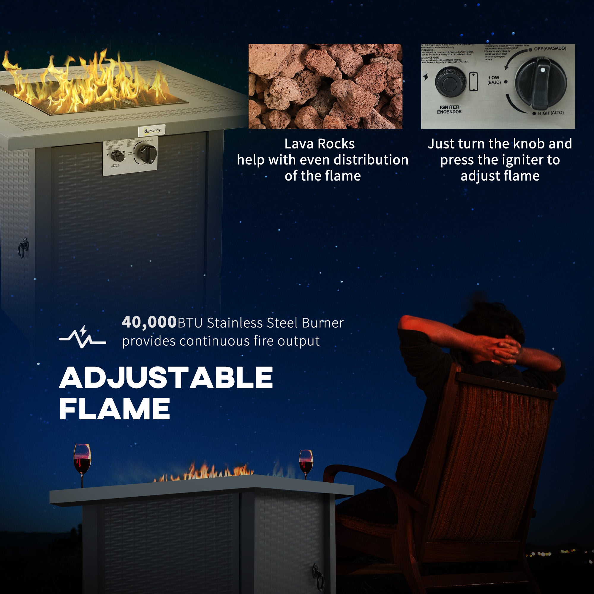 Outsunny 71 x 71cm 40000 BTU Gas Firepit Table - Black/Dark Grey