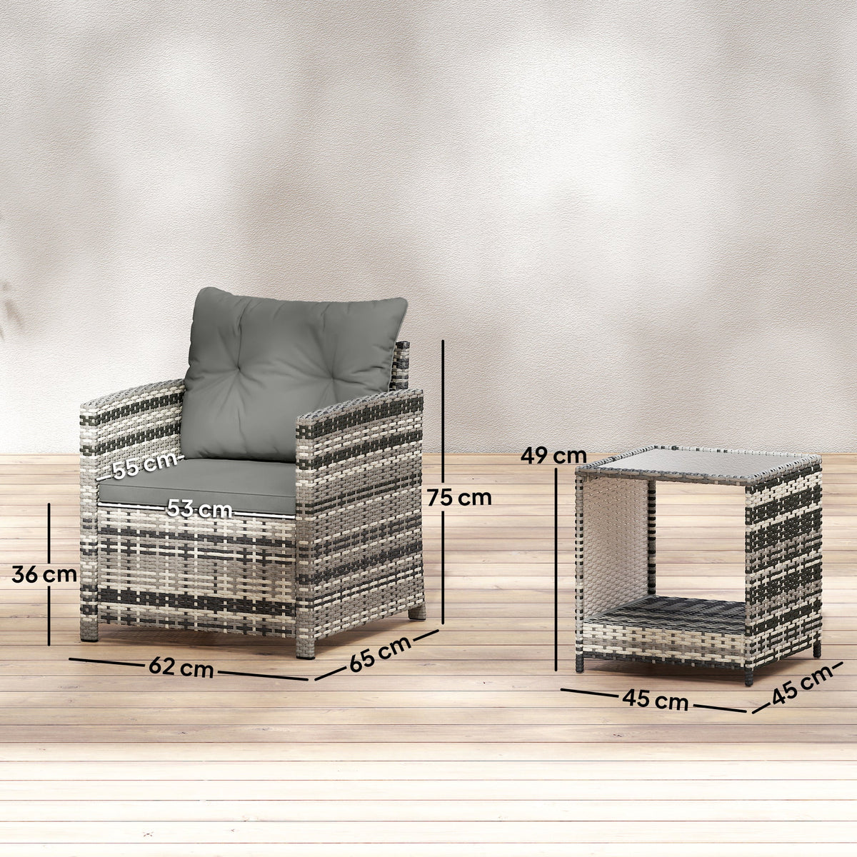 Outsunny Rattan Bistro Set, 3 Piece Garden Furniture Set with 2 Tier Glass Top Table and Cushions, Mixed Grey
