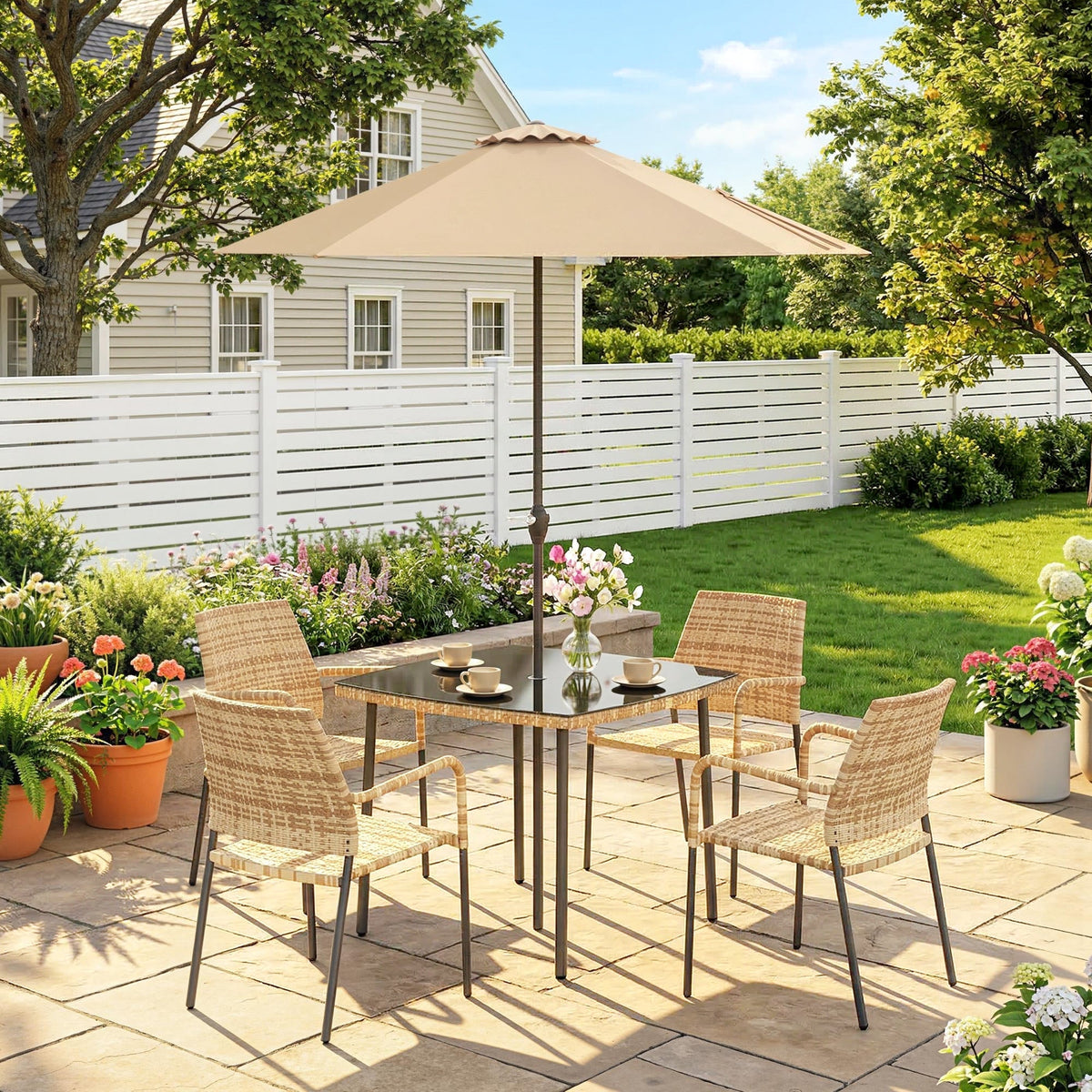 Outsunny 4 Seater Rattan Dining Set with Parasol, 6 Piece Garden Table and Stackable Chairs with Tempered Glass Tabletop