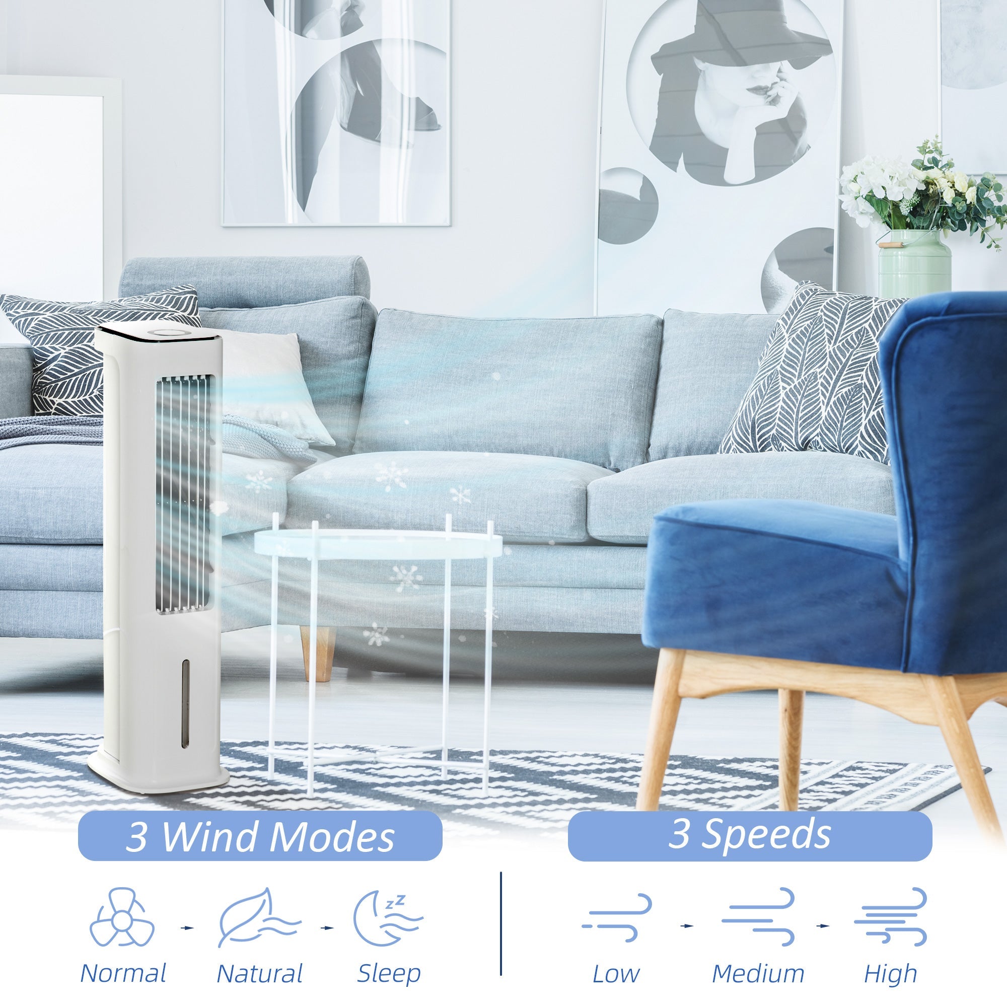 HOMCOM Evaporative Air Cooler, 5L Water Tank Oscillating Ice Cooling Fan with 3 Modes, 3 Speeds, Remote Control, Timer, and Oscillation, White