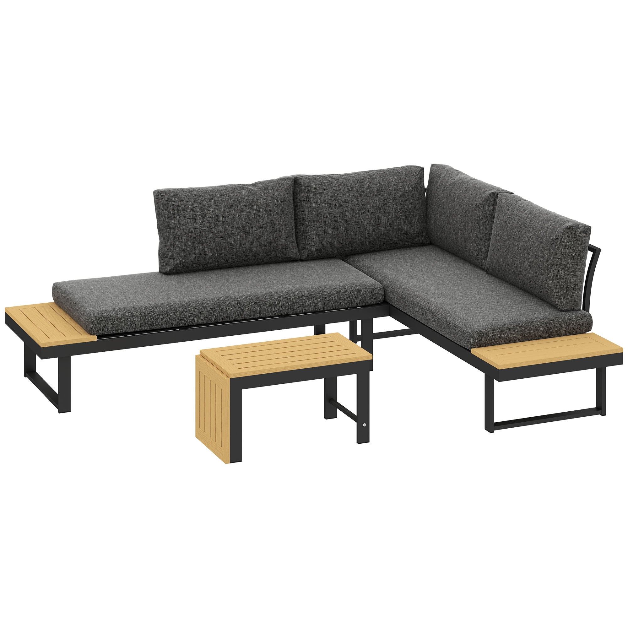 Outsunny 4 Seater L Shaped Aluminium Sectional Garden Furniture Set with 2 Loveseats and Wood-Plastic Coffee Table - Natural Wood
