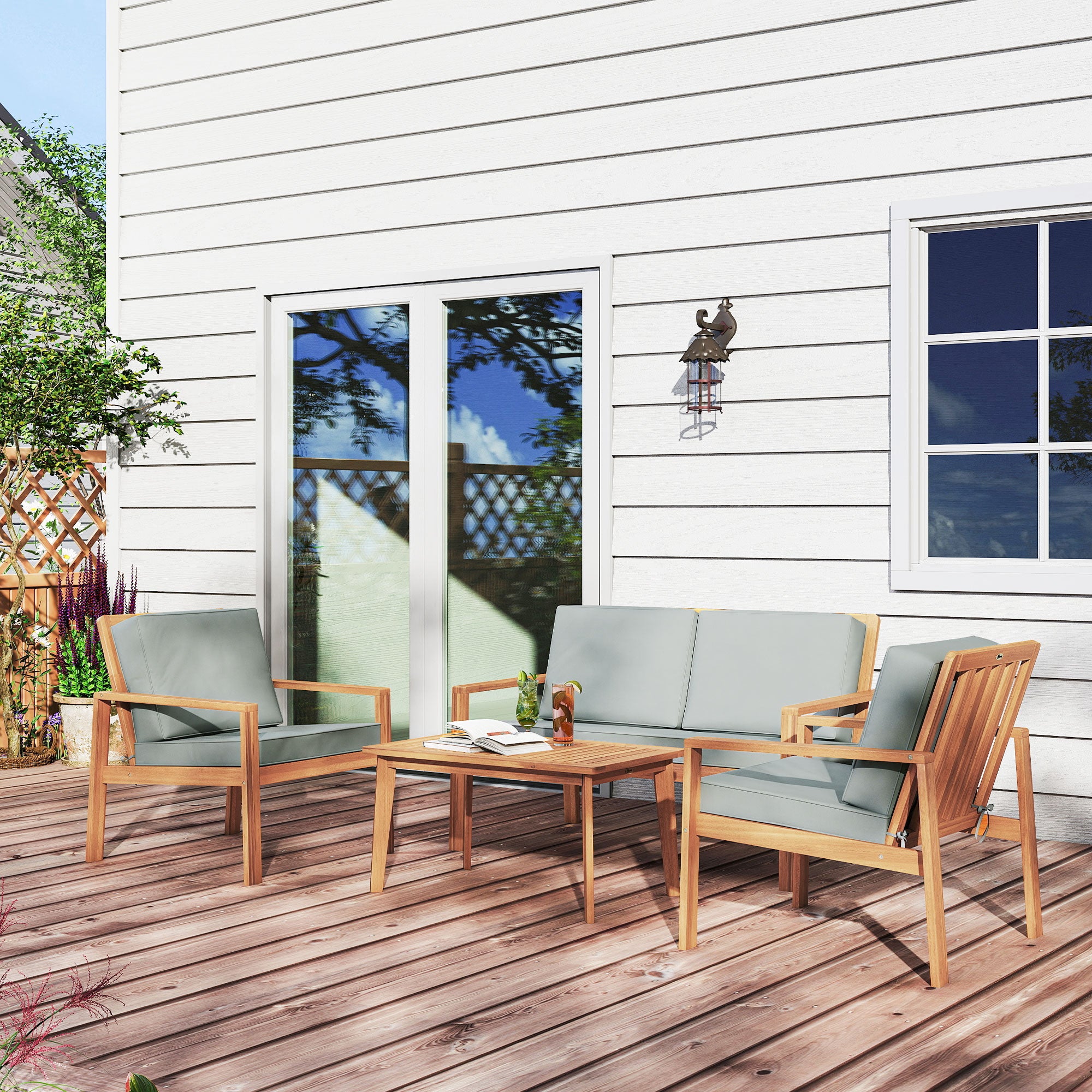Outsunny 4-Piece Wooden Garden Furniture Set with Cushions - Teak