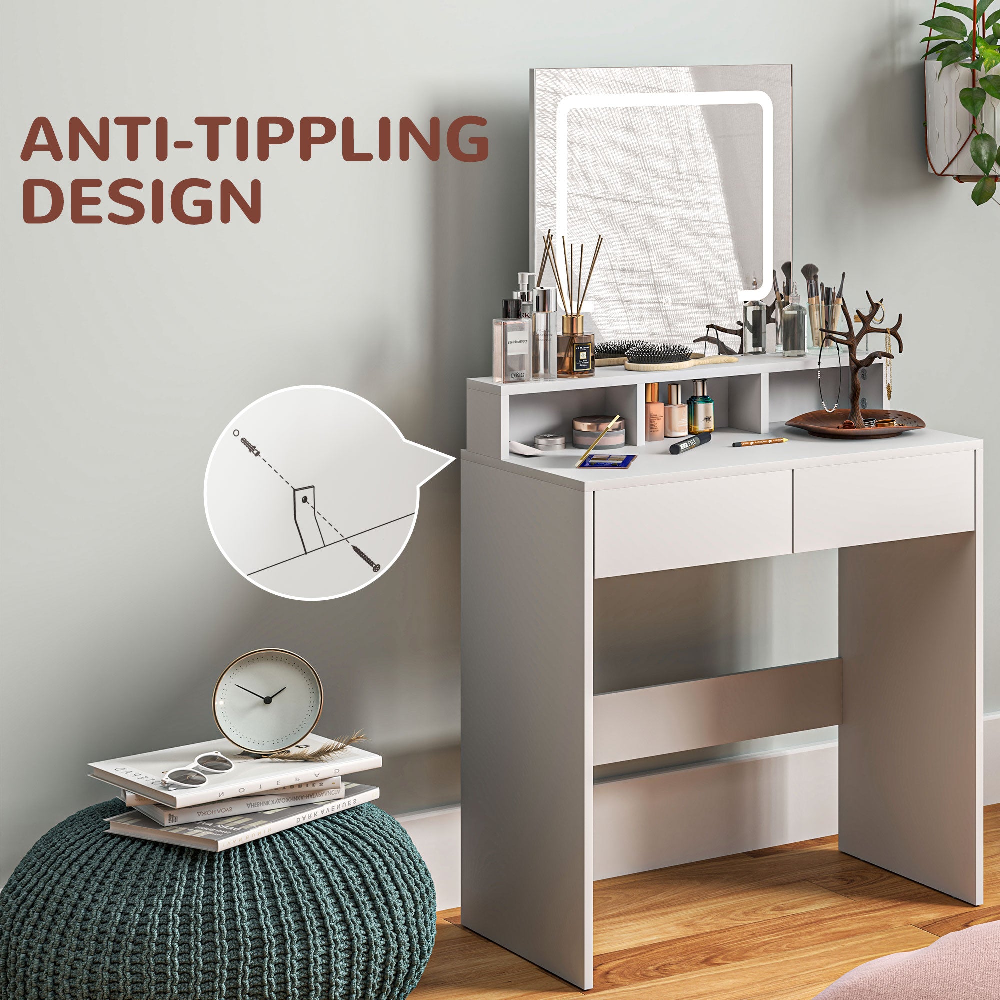 HOMCOM Storage Dressing Table, with LED Light Mirror - White