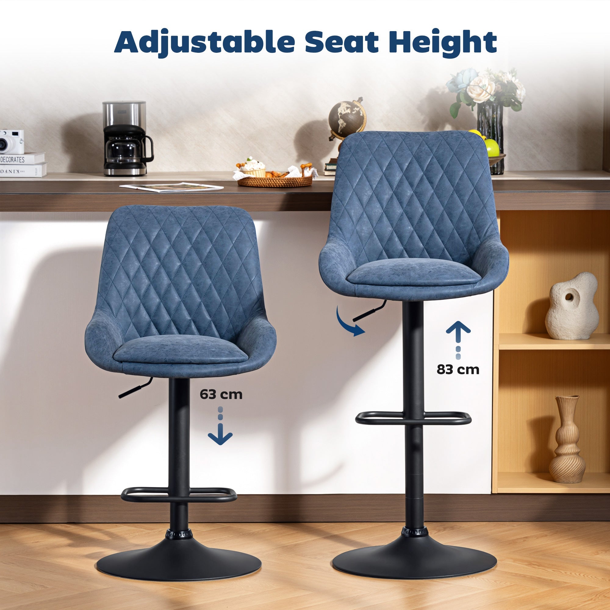 HOMCOM Set of Two Faux Leather Retro Bar Stools - Dark Blue