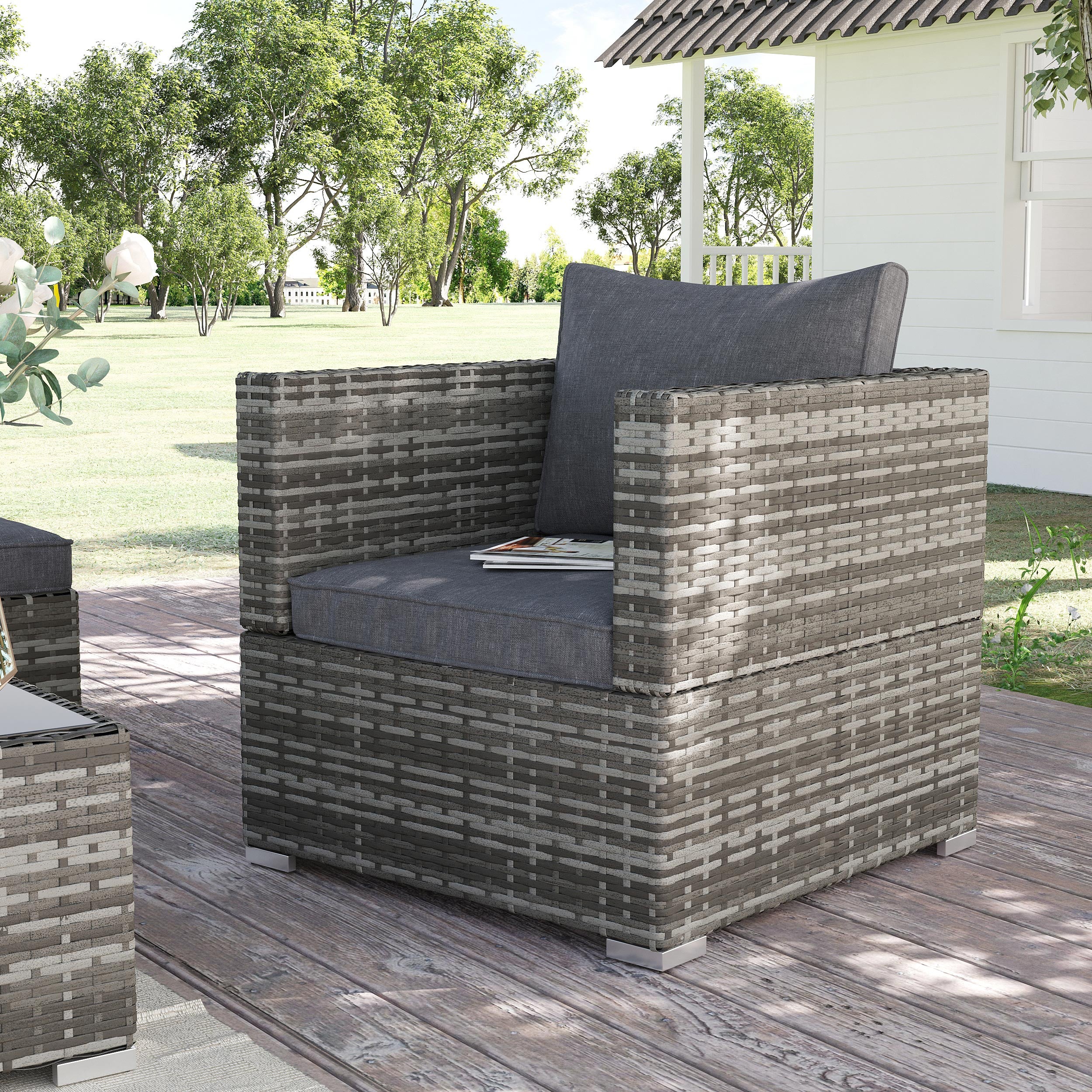 Outsunny Single Rattan Garden Chair, PE Wicker Garden Armchair with Cushions, Outdoor Rattan Chair with Armrests and Steel Frame for Conservatory, Porch, Patio, Balcony, Dark Grey