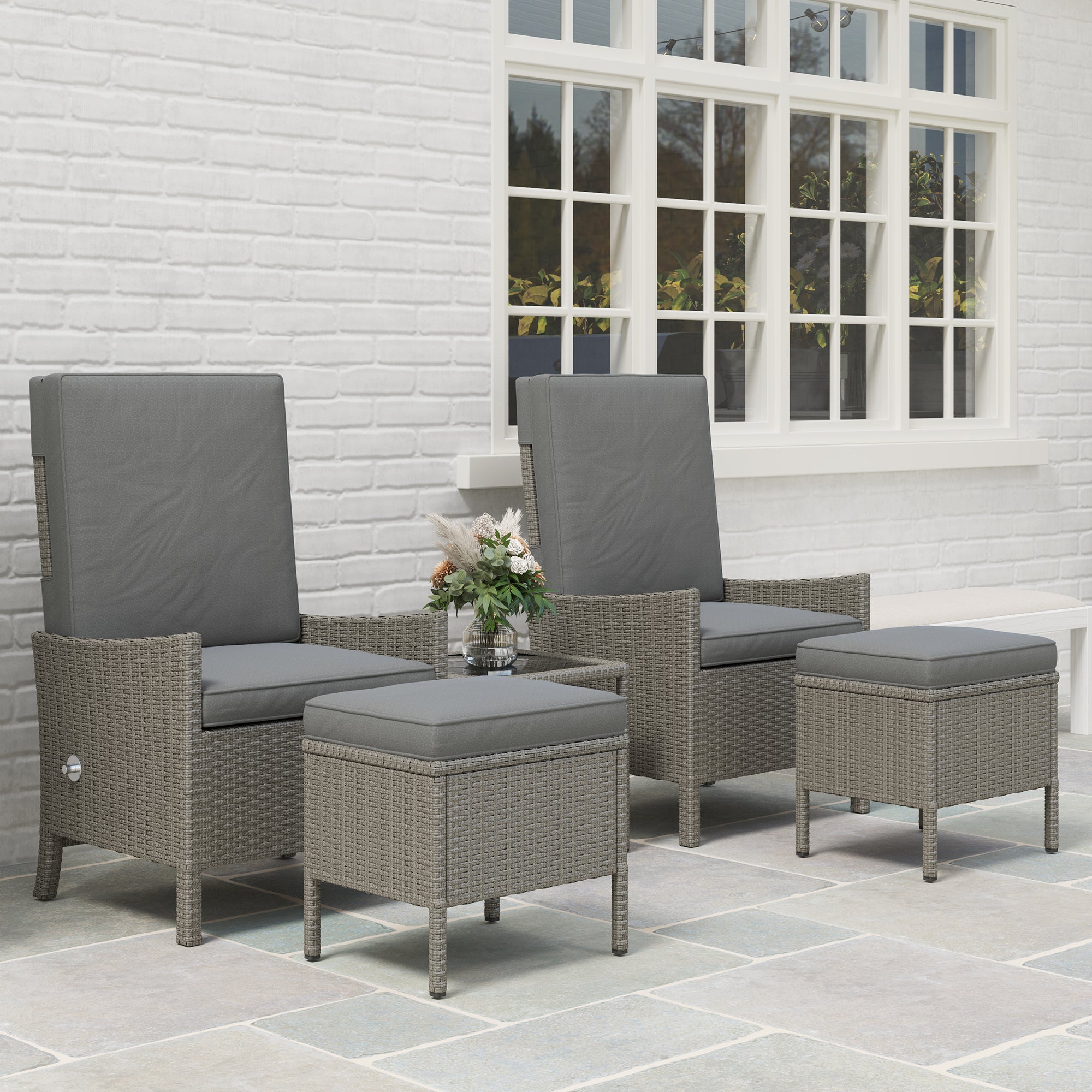 Outsunny 5 Piece Rattan Garden Furniture Set, Wicker Patio Sofa Set with 2 Armchairs, 2 Footstools, Glass Top Coffee Table with Shelf, Outdoor Furniture with Adjustable Backrests, Cushions, Dark Grey