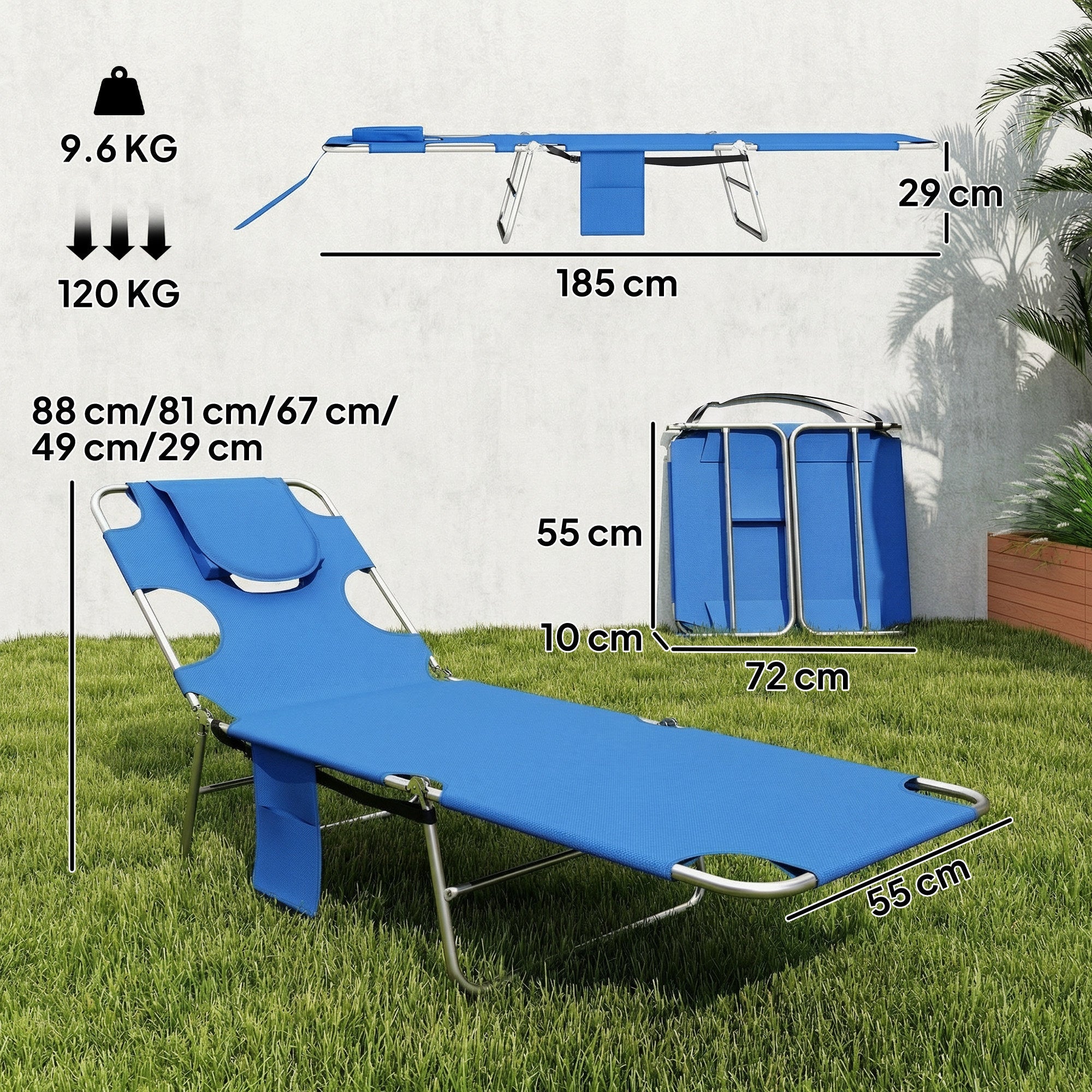 Outsunny 5-Position Adjustable Sun Loungers Set of 2 with Reading Hole and Side Pocket, Blue