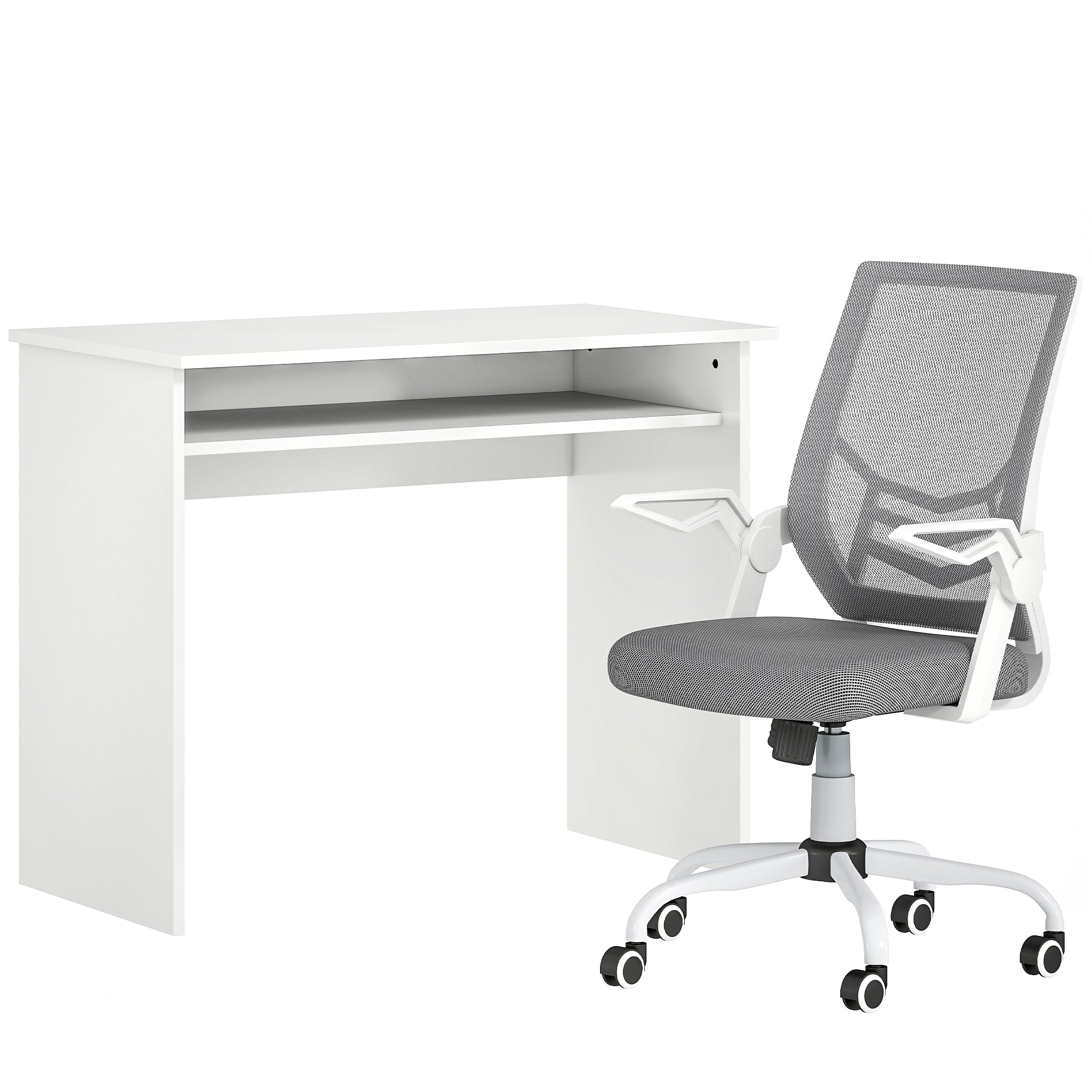 HOMCOM Home Office Furniture Set, Modern Computer Desk with Storage Shelf and Ergonomic Mesh Chair with Flip-Up Arms, Lumbar Support, Adjustable Height, Swivel Wheels, White and Grey
