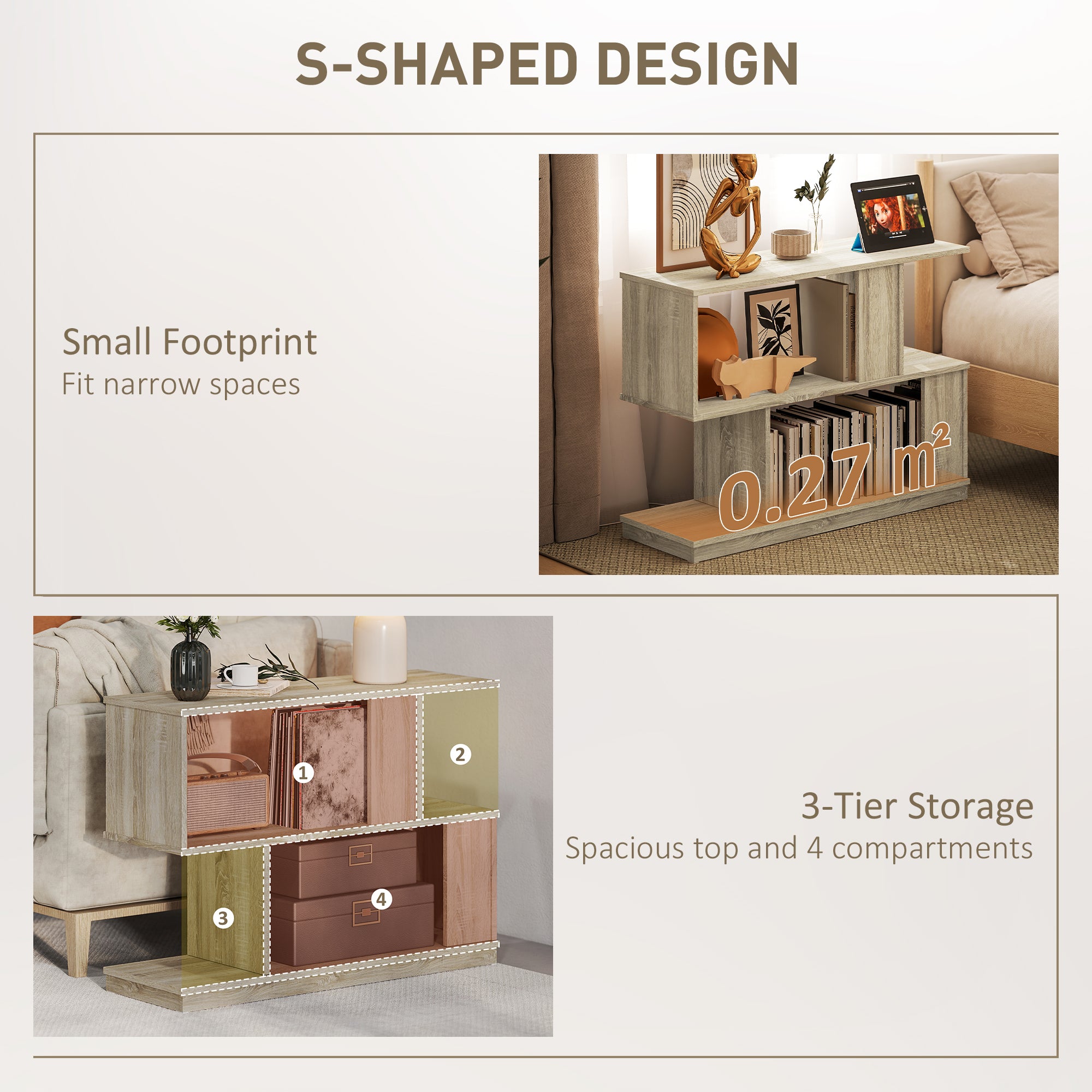 HOMCOM S-Shaped Side Table - Natural Wood Finish