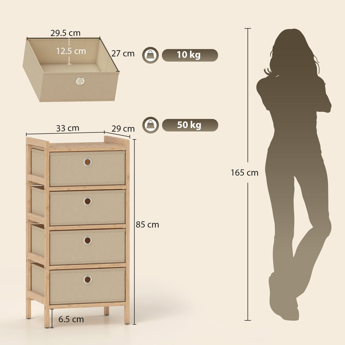 HOMCOM Chest of Drawers, 4 Fabric Drawers Narrow Dresser with Bamboo Frame, Cream White