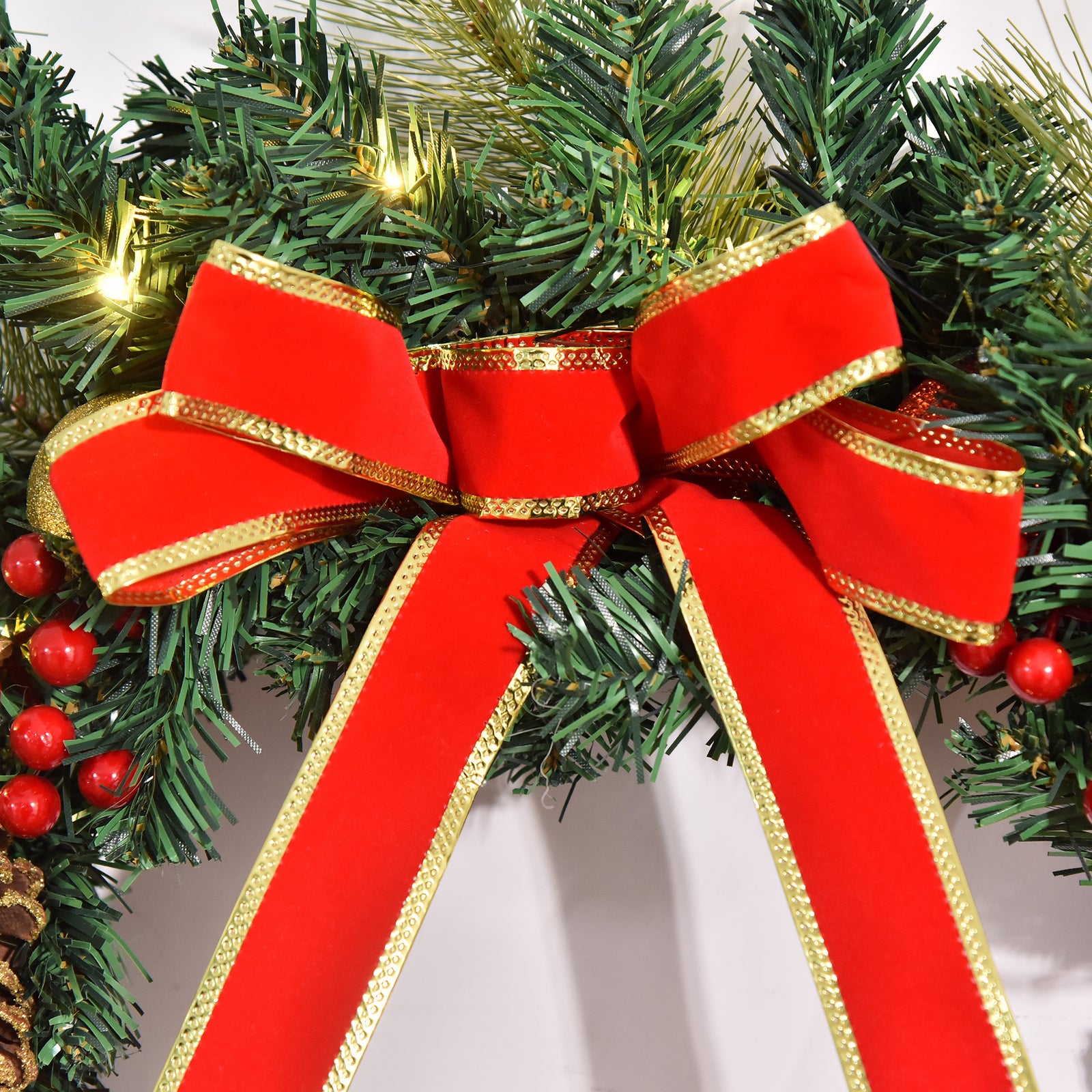 HOMCOM 60cm Pre-Lit Artificial Christmas Door Wreath Holly LED Decor Pine Cones Hanging Glittered Festival Indoor Decoration