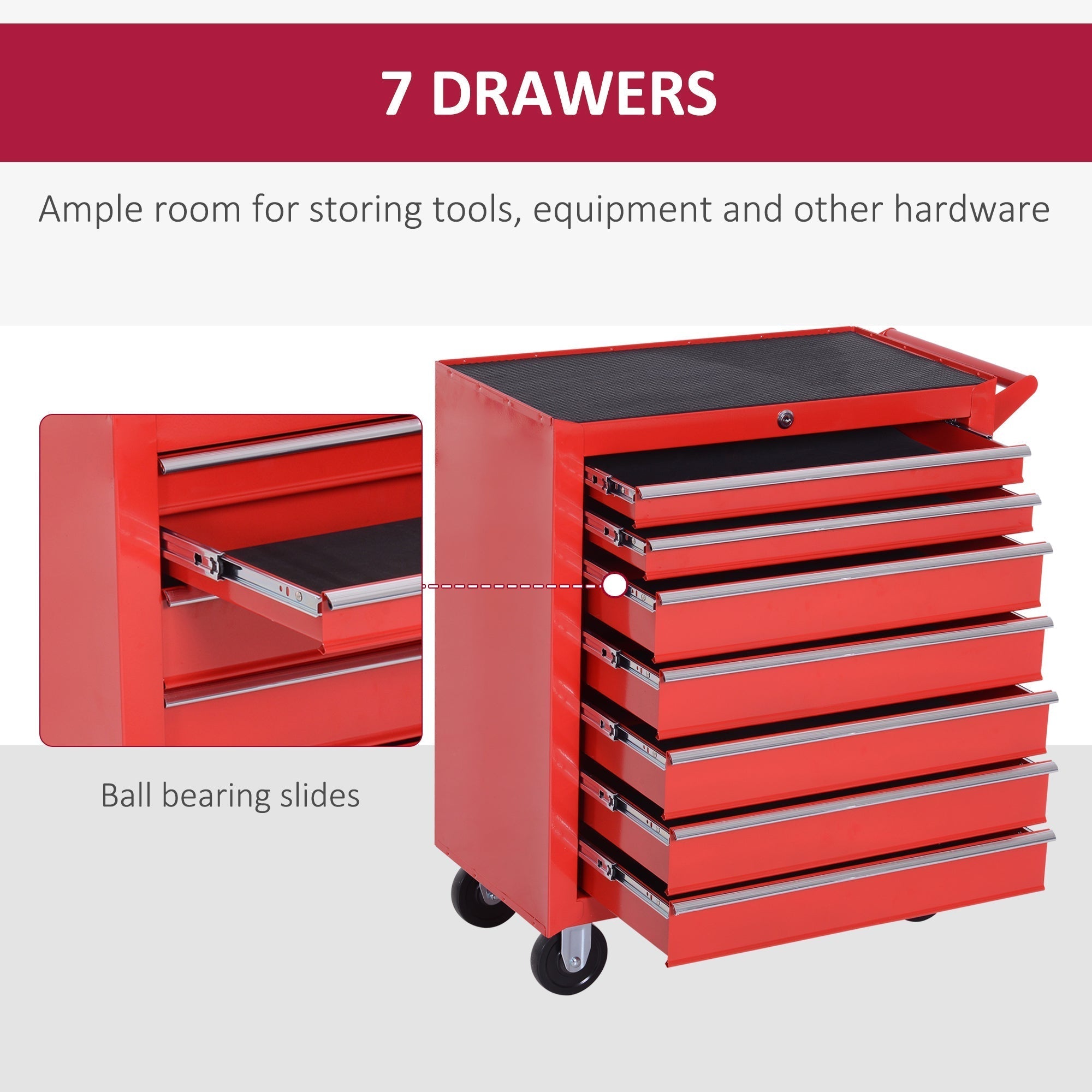 DURHAND Tool Box Chest on Wheels, 7-Drawer, Lockable Metal Tool Cabinet for Garage, Workshop, Red