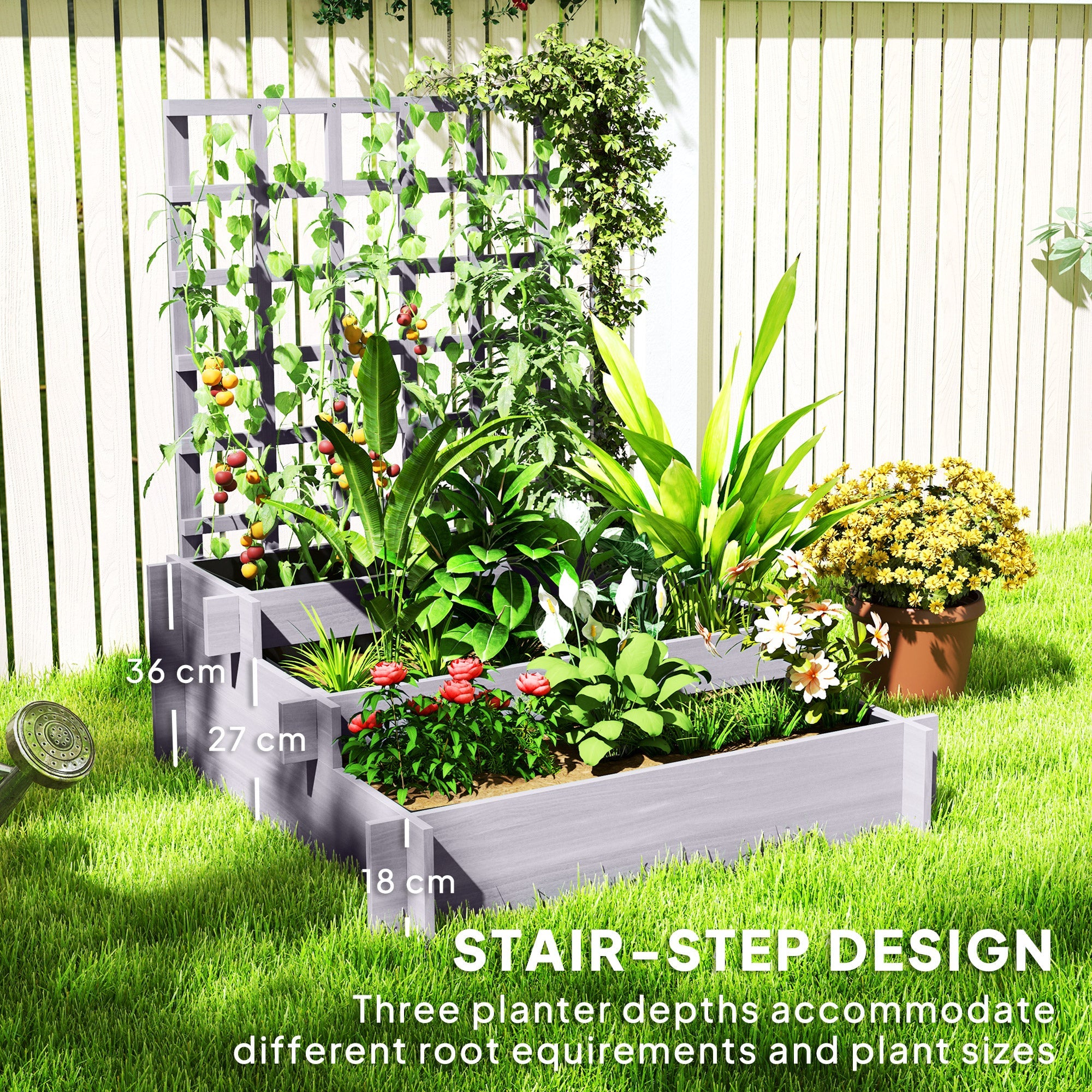 Outsunny 3 Tier Garden Planters with Trellis for Vine Climbing, Wooden Raised Beds, 95x95x110cm, Grey