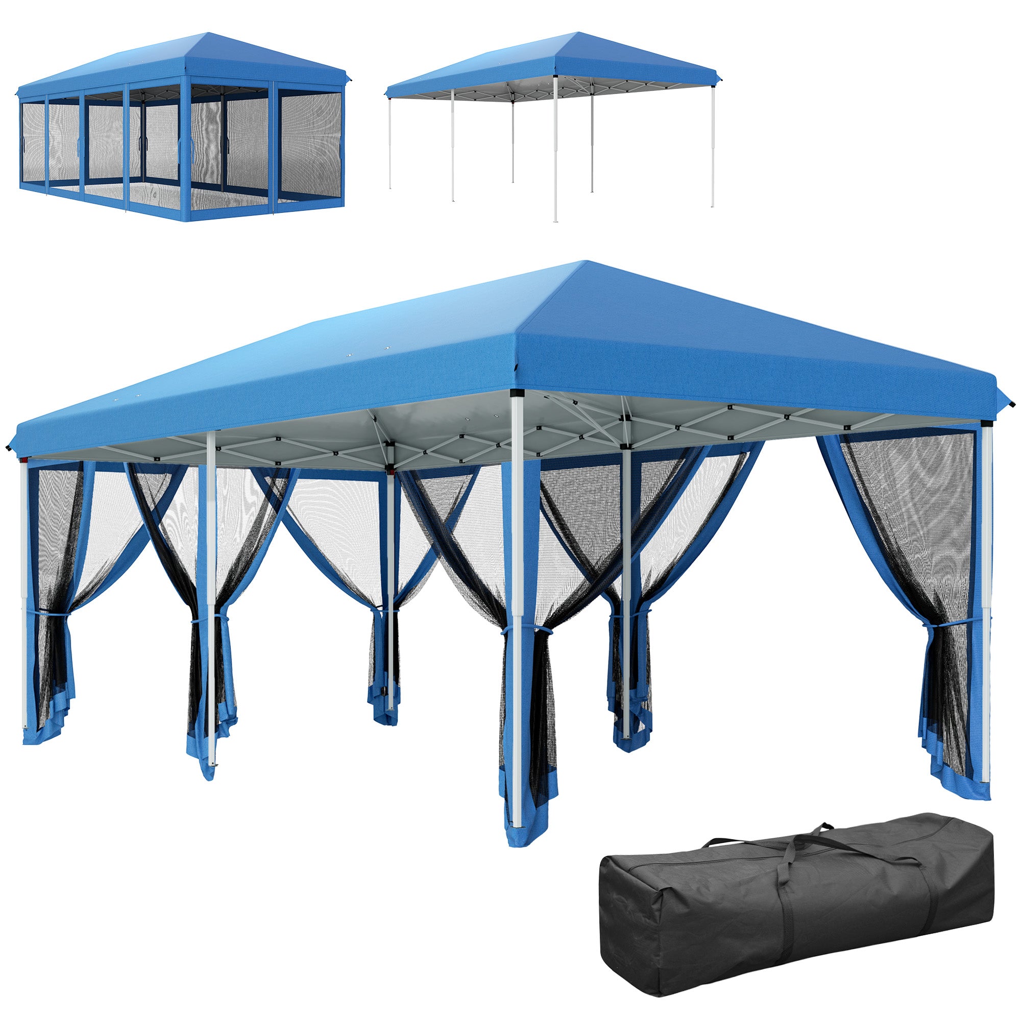 Outsunny 3 x 6m Pop Up Gazebo, Outdoor Canopy Shelter, Marquee Party Wedding Tent with 6 Mesh Walls and Carry Bag, Blue