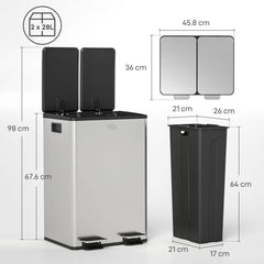 HOMCOM 56L Dual Compartment Stainless Steel Bin, with Deodoriser Holders - Silver Tone