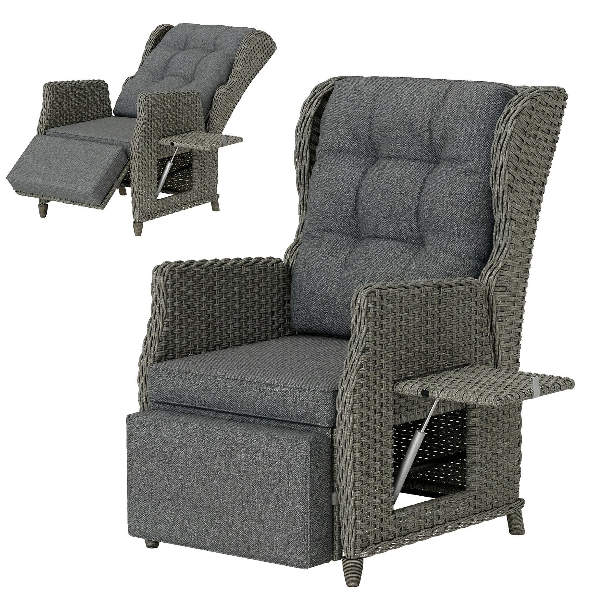 Outsunny Rattan Garden Recliner Chair, Reclining Garden Chair with Adjustable Back and Footrest, Flip Table, Cushion, Dark Grey