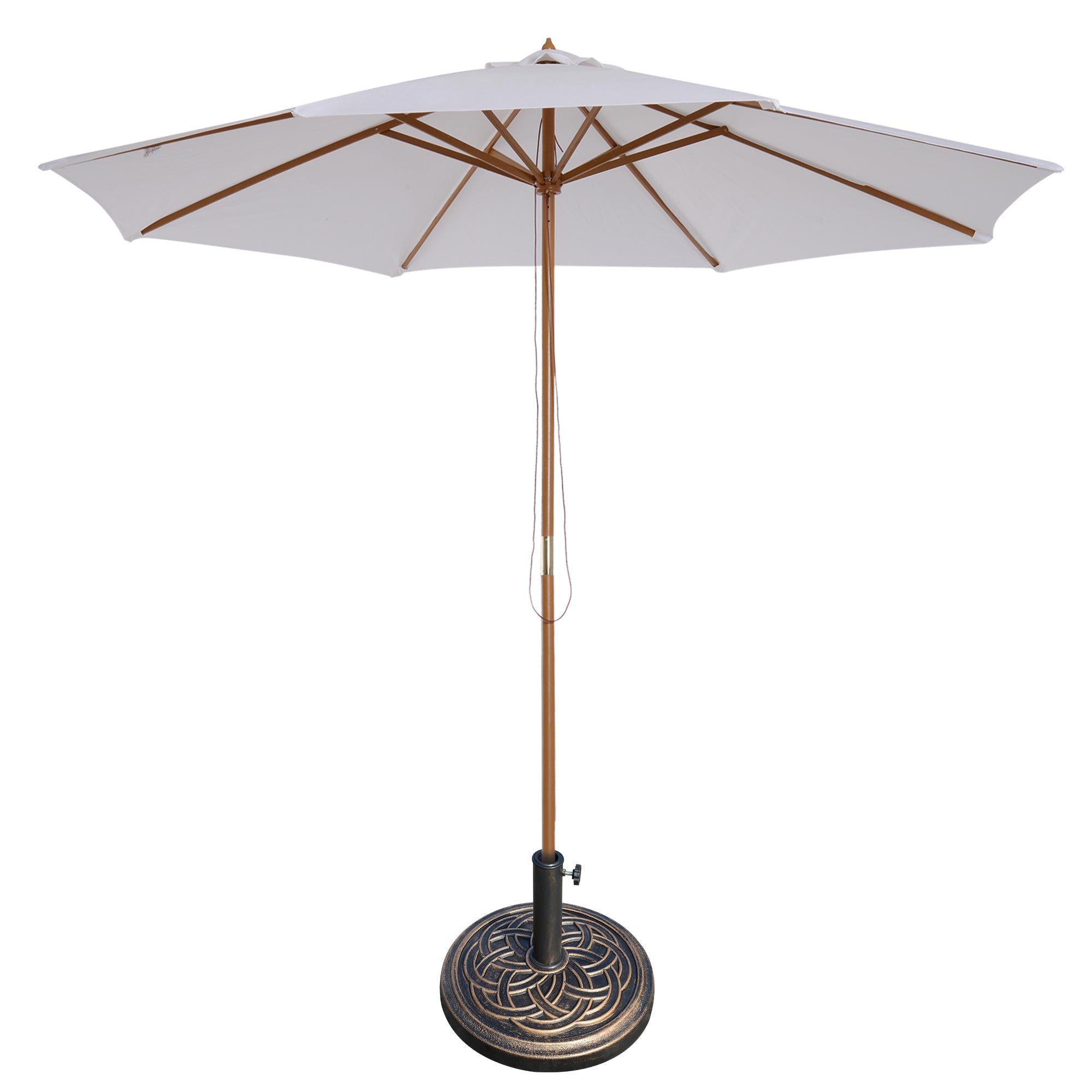 Outsunny 3 m Garden Parasol with Base, Pulley Operated Patio Umbrella, Wooden Parasol, Table Market Umbrella with Rope Pulley Mechanism and 8 Ribs, White