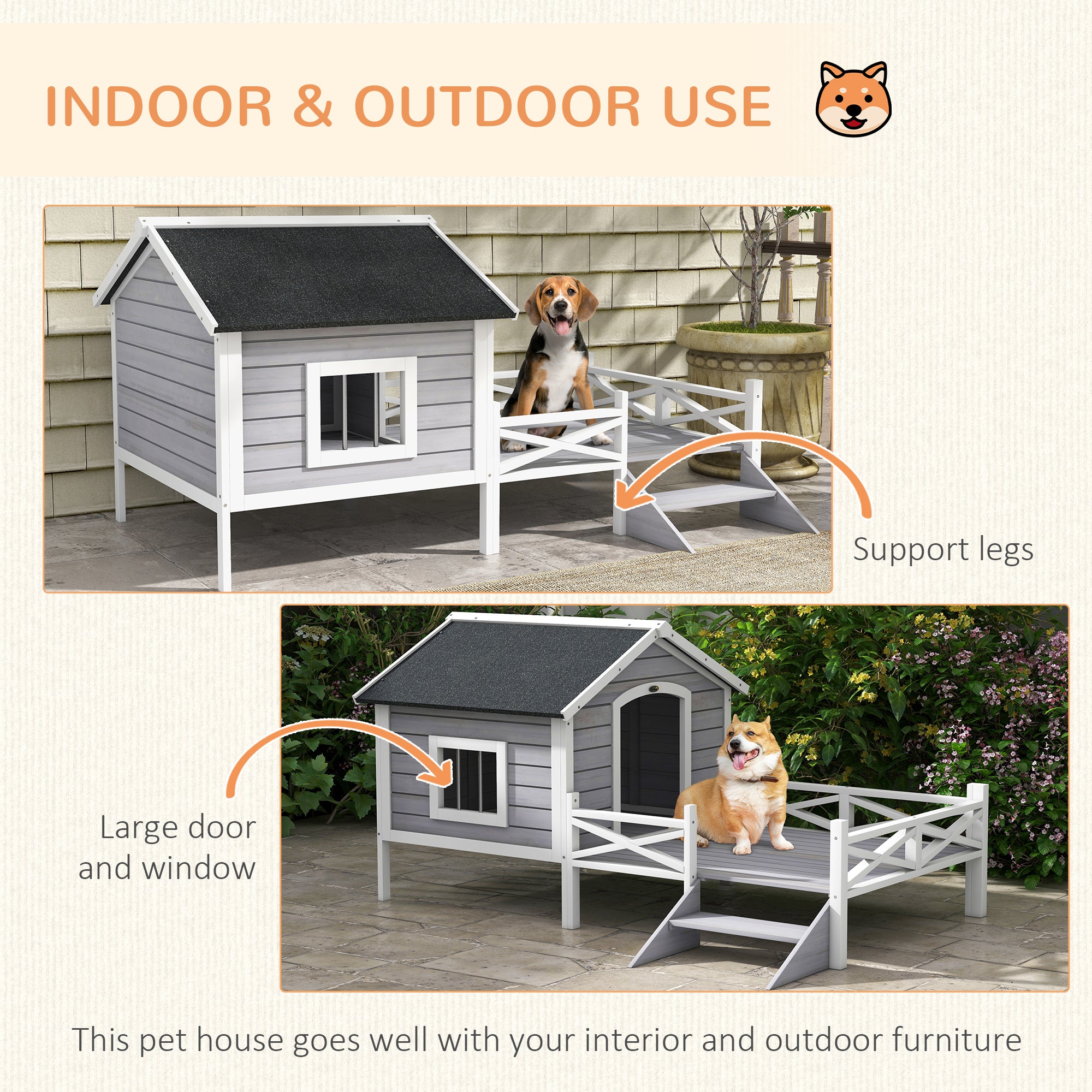 PawHut Small/Medium Dog House with Porch, Grey