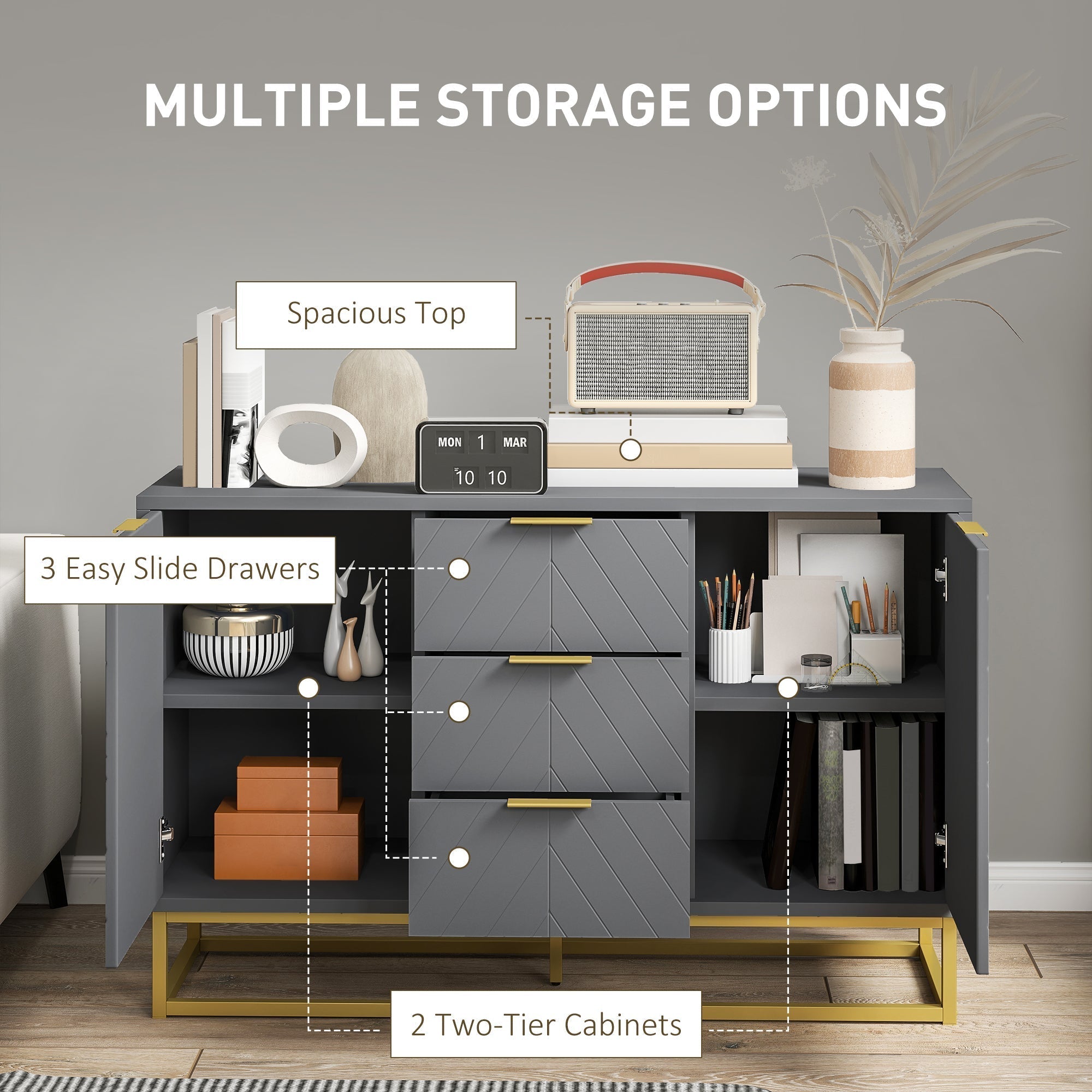 HOMCOM Sideboard with 3 Drawers and Adjustable Shelves for Living Room - Grey