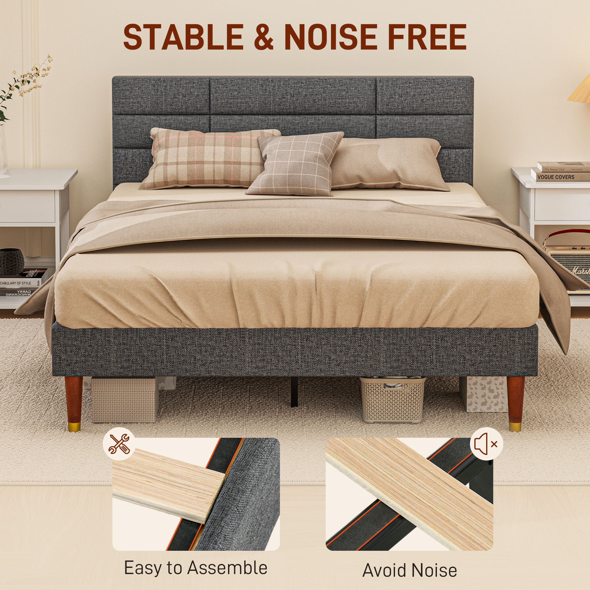 HOMCOM Upholstered Double Bed Frame, with Slats - Grey