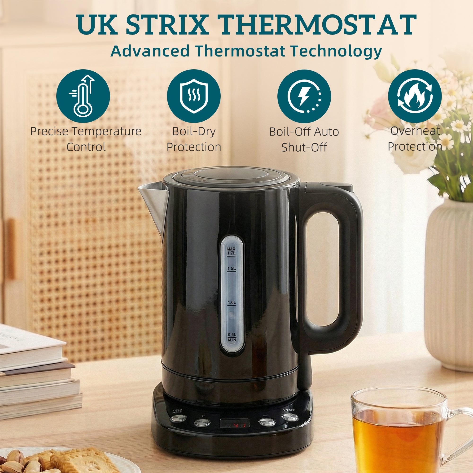 HOMCOM Electric Kettle, 1.7L, Fast Boil, 3kW Water Kettle with UK Strix Thermostat, Keep Warm Function, LCD Base, Black