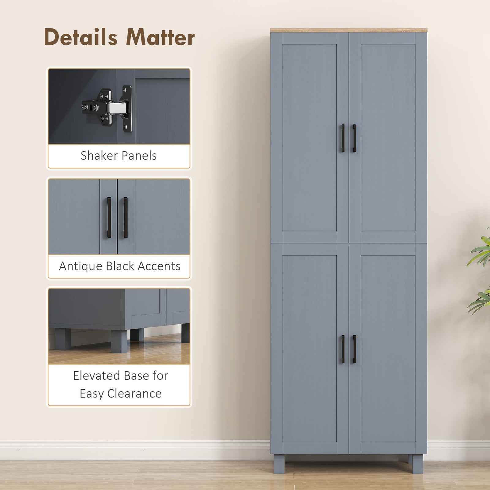 HOMCOM Freestanding Kitchen Cupboard, 4-Door Storage Cabinet with Adjustable Shelves, Modern Kitchen Pantry, 170cm, Grey