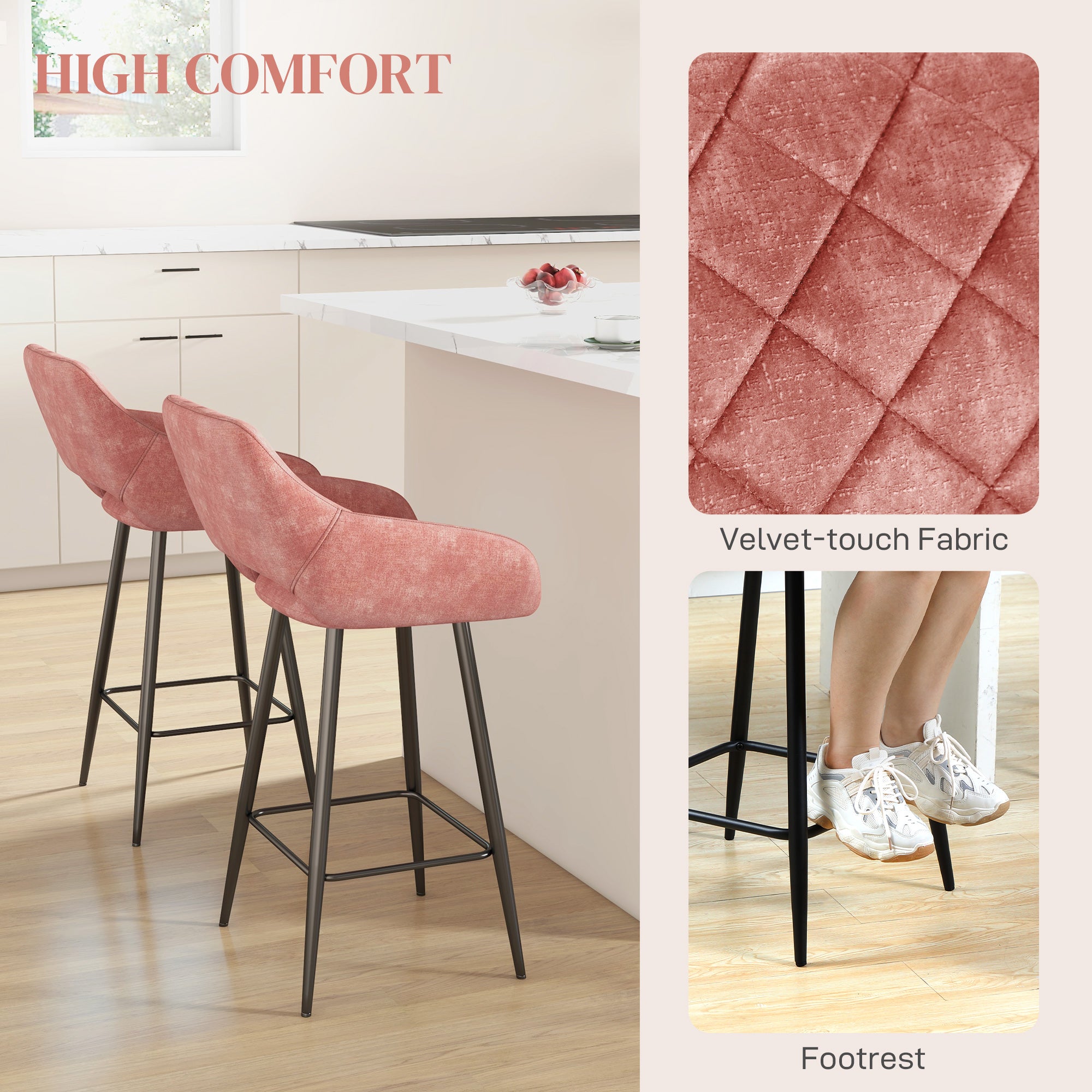 HOMCOM Set of Two Velvet-Feel Bar Stools - Pink