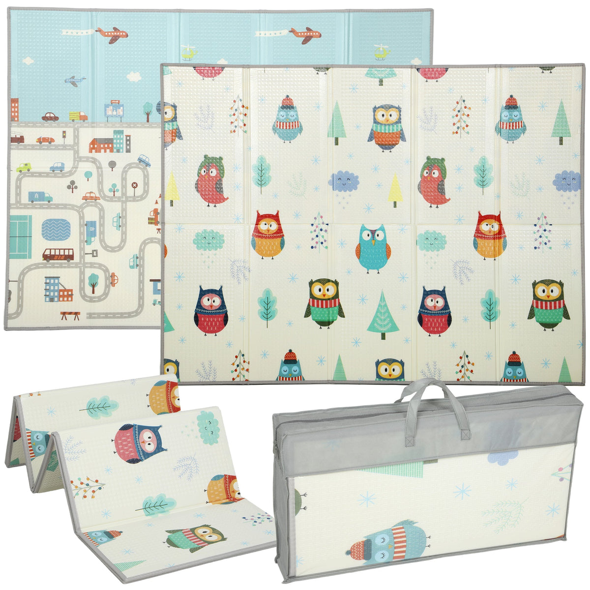 AIYAPLAY Foldable Baby Plat Mat Double Sided, Kids Floor Mat for Crawling, 200L x 150W cm, Car track and Owl Theme